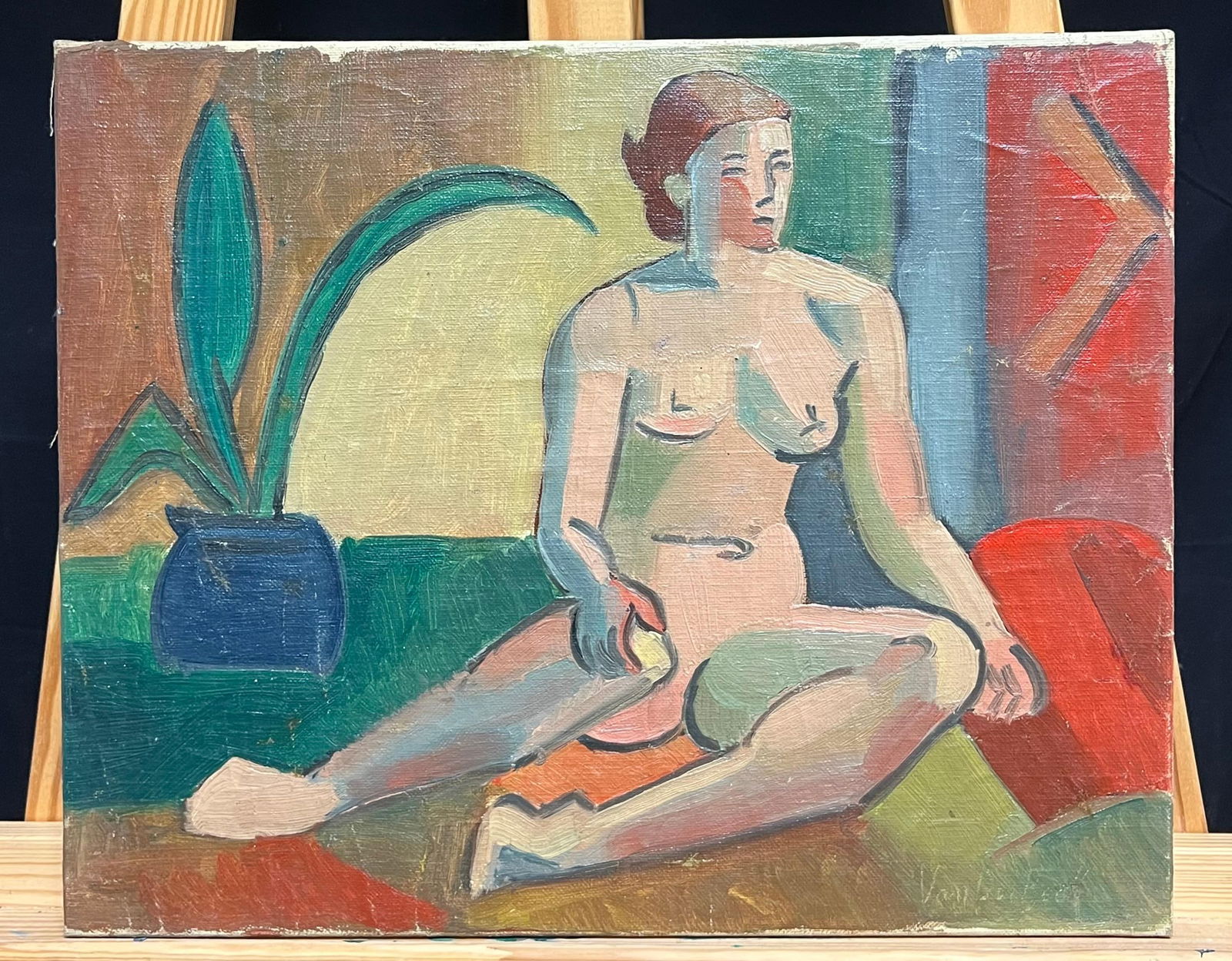 Henri Van Der Beck; 1930's French Cubist Figur Signed Oil Lady Vibrant Geometric Composition, 1930's - 5