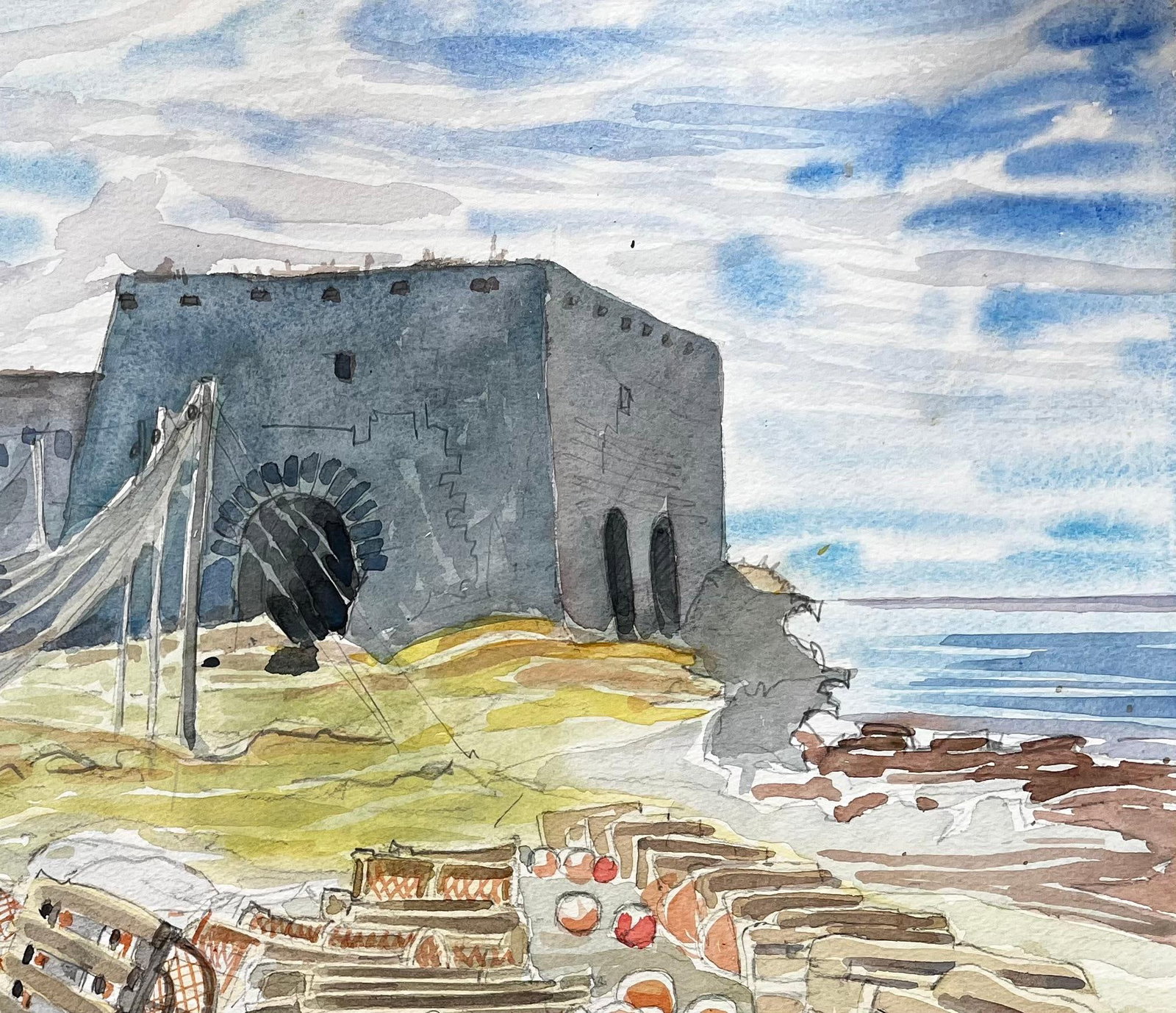 John Steane (b.1931); Shetland Fishing Nets and Lobster Pots with Ruin by the Sea 1985 Watercolour, - 7