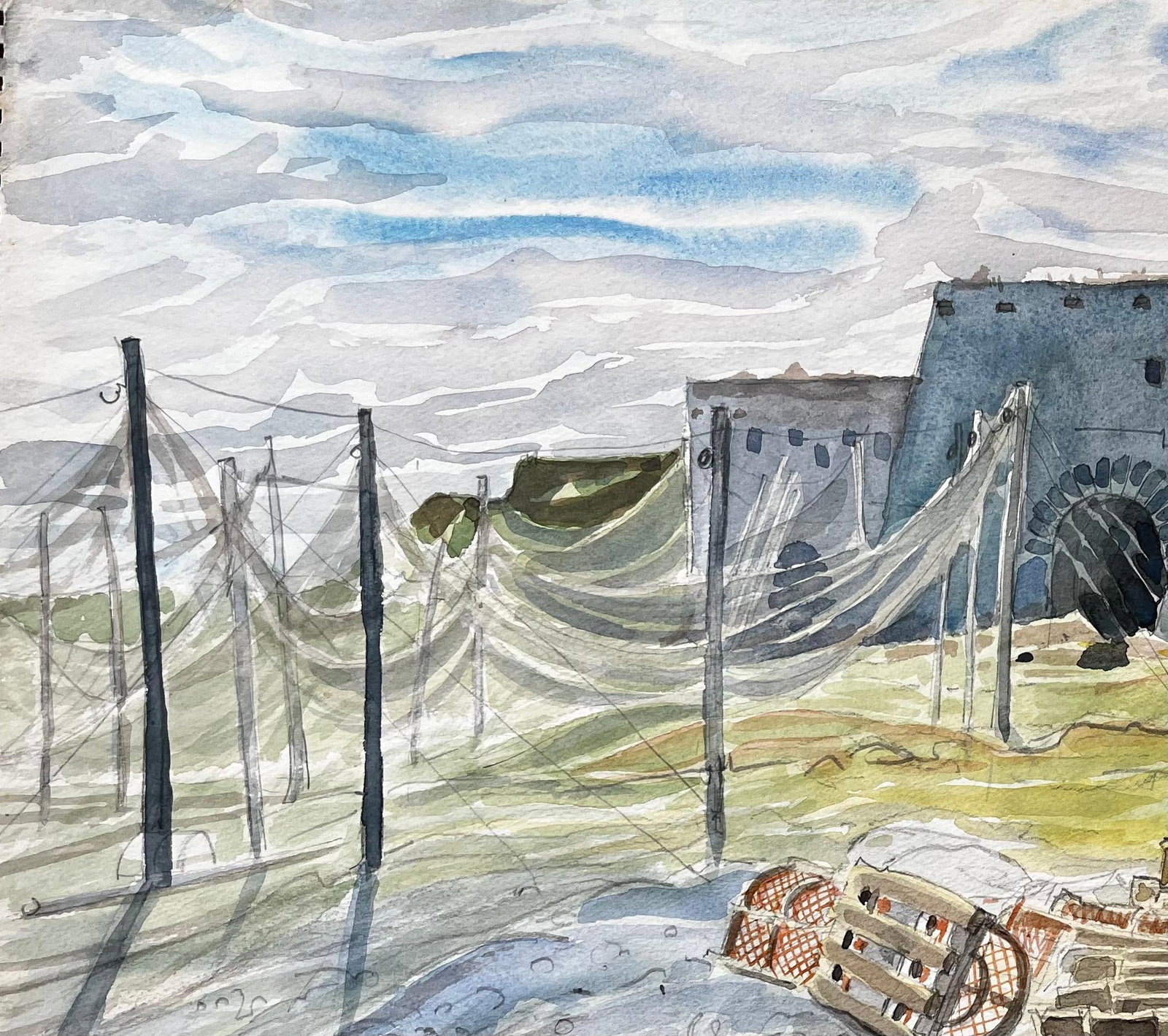 John Steane (b.1931); Shetland Fishing Nets and Lobster Pots with Ruin by the Sea 1985 Watercolour, - 9