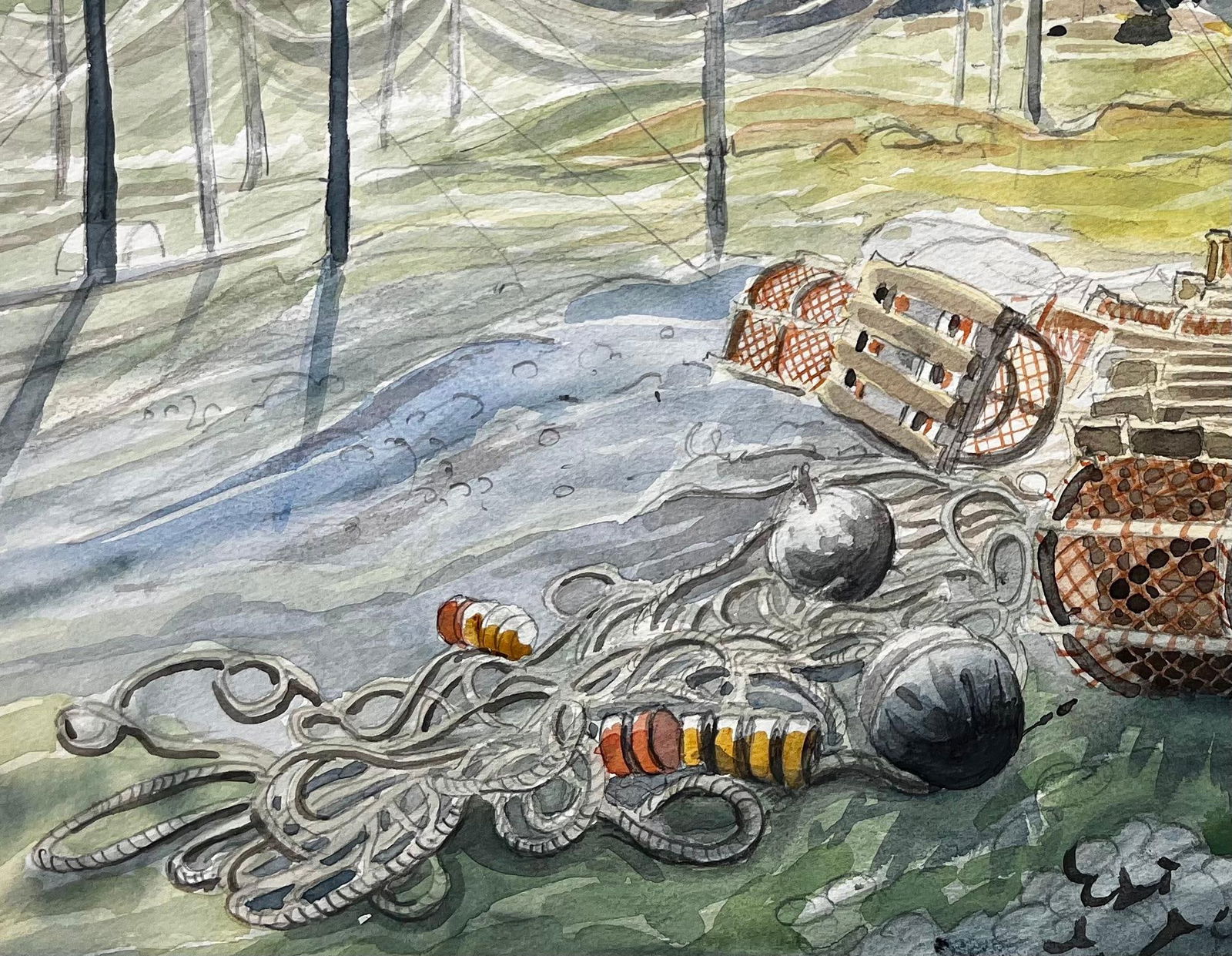 John Steane (b.1931); Shetland Fishing Nets and Lobster Pots with Ruin by the Sea 1985 Watercolour, - 2