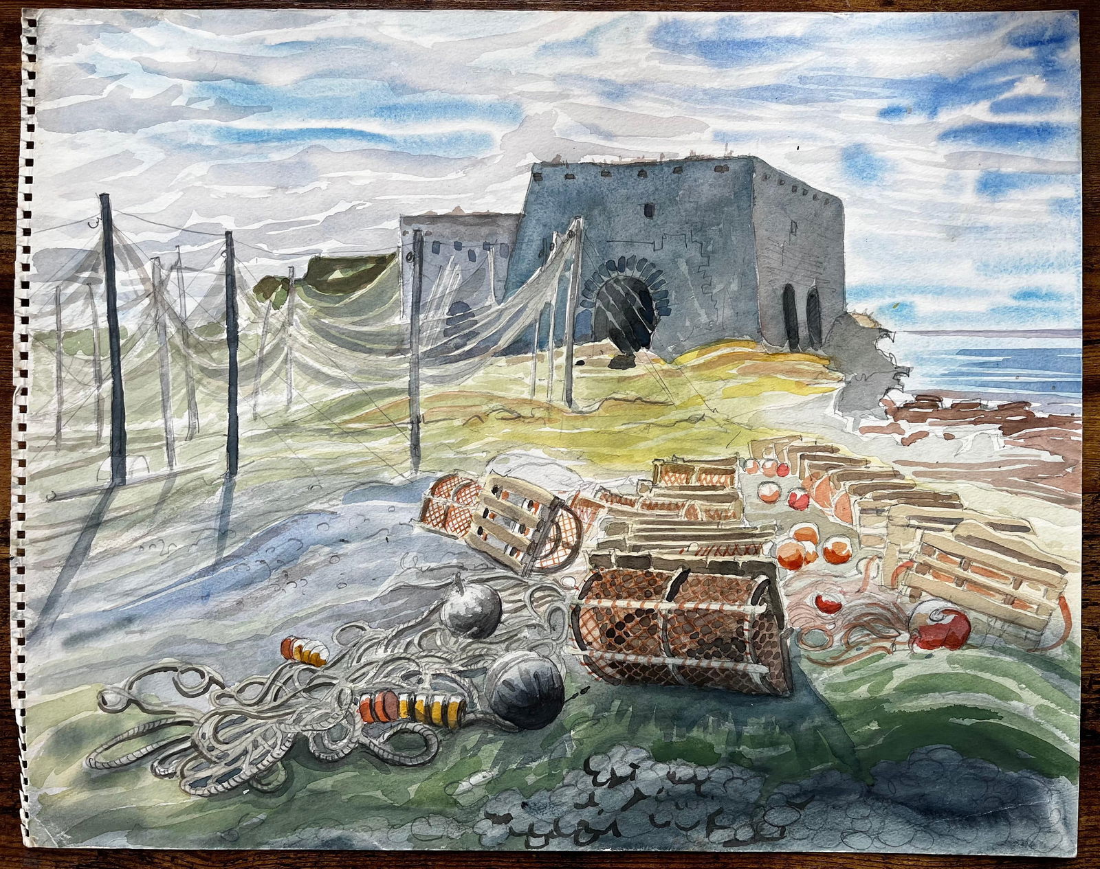 John Steane (b.1931); Shetland Fishing Nets and Lobster Pots with Ruin by the Sea 1985 Watercolour, - 5