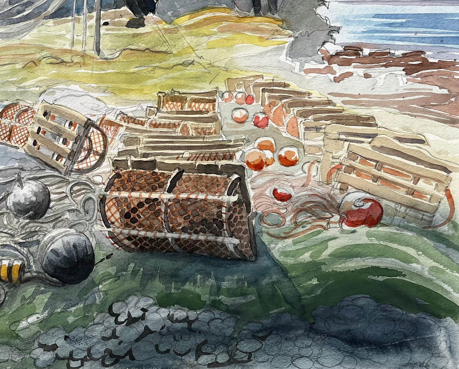 John Steane (b.1931); Shetland Fishing Nets and Lobster Pots with Ruin by the Sea 1985 Watercolour, - 6