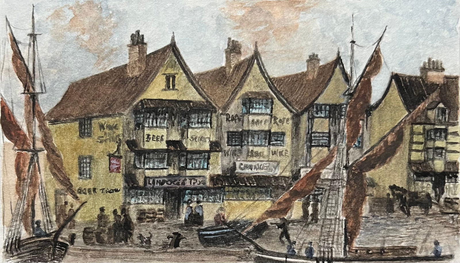 Jack Grunwell; Historic Miniature Watercolor of Llandoger Trow Inn in Bristol and Sailboats (1 of 6)