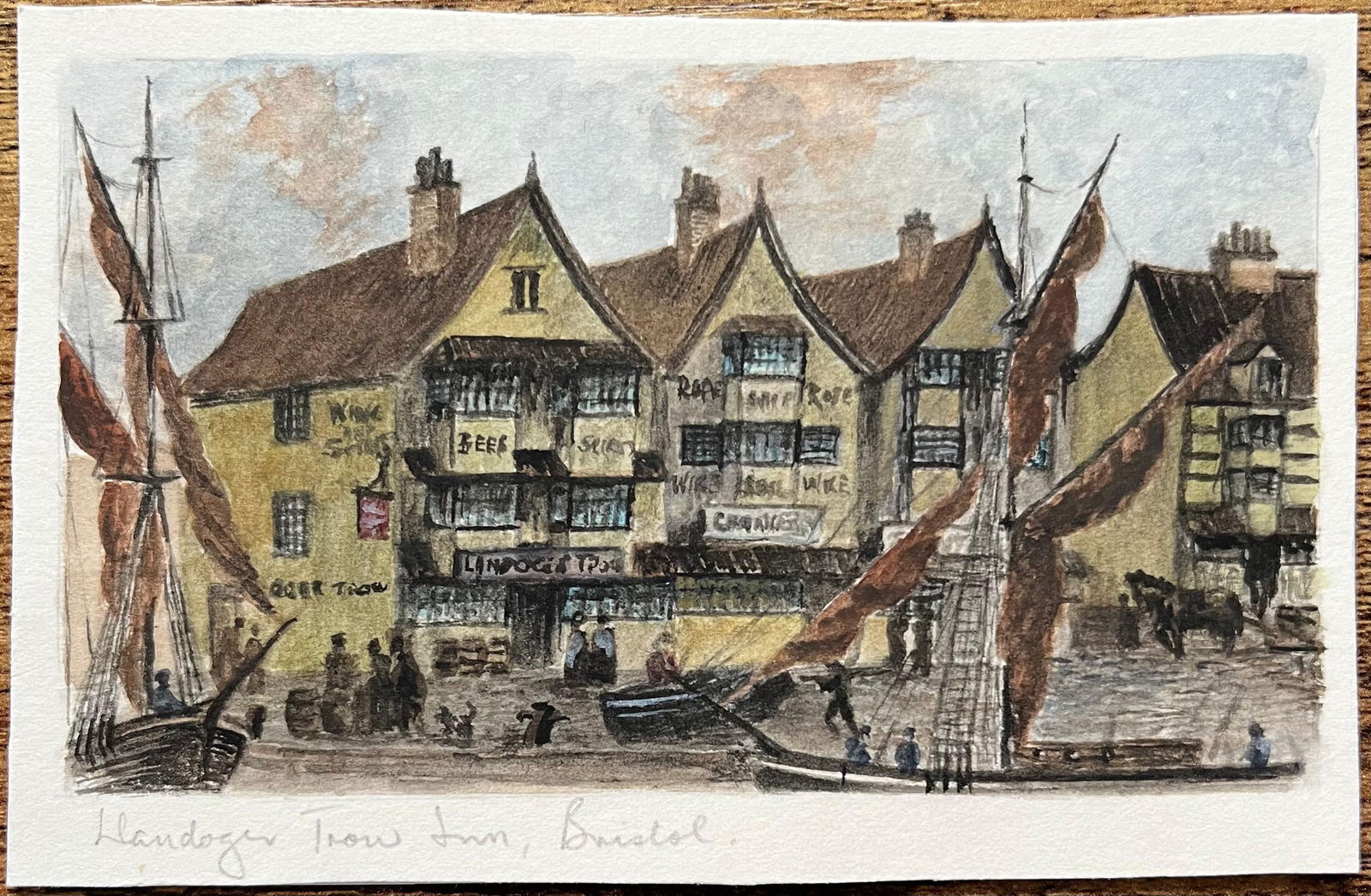 Jack Grunwell; Historic Miniature Watercolor of Llandoger Trow Inn in Bristol and Sailboats - 3