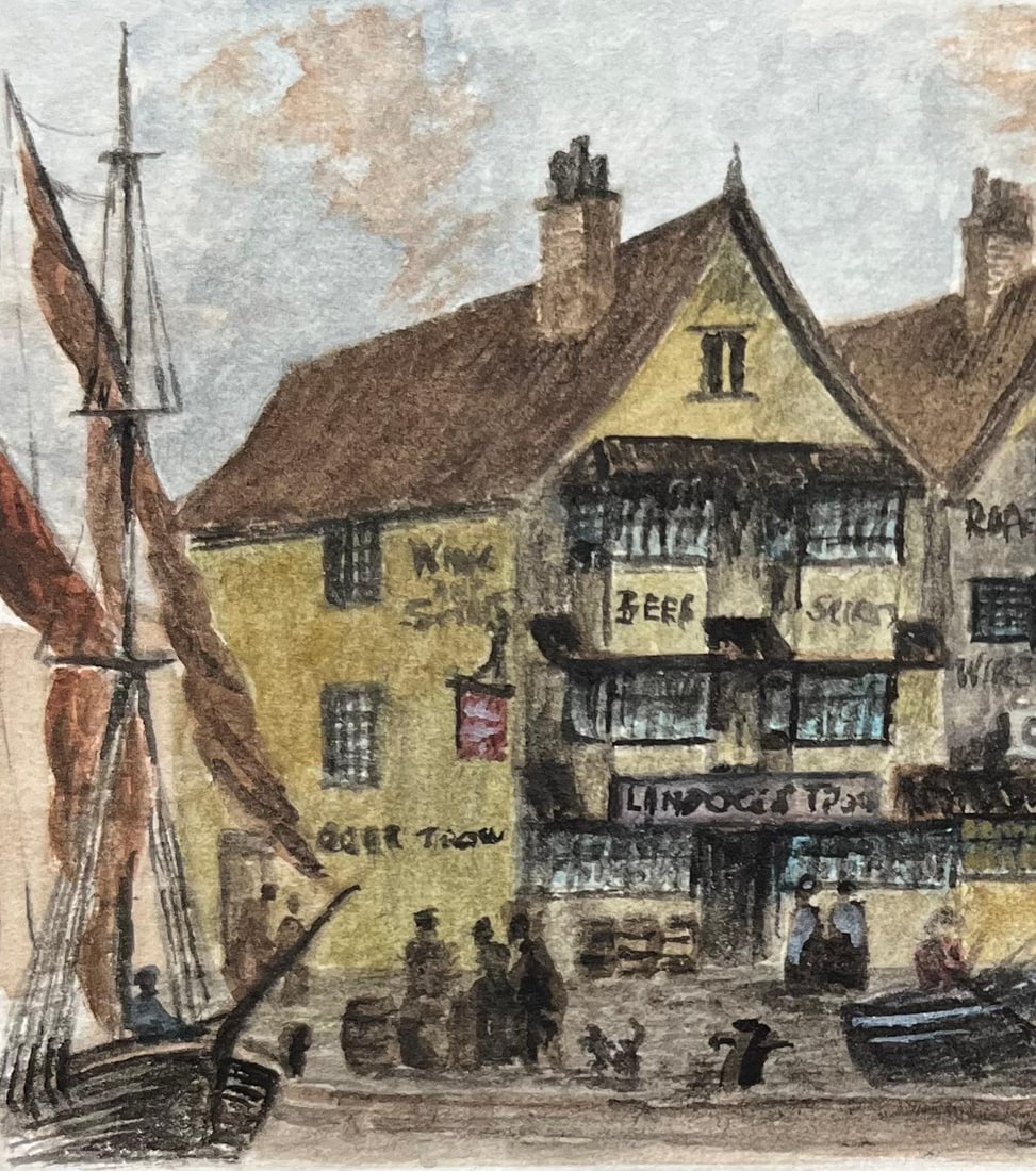 Jack Grunwell; Historic Miniature Watercolor of Llandoger Trow Inn in Bristol and Sailboats - 4