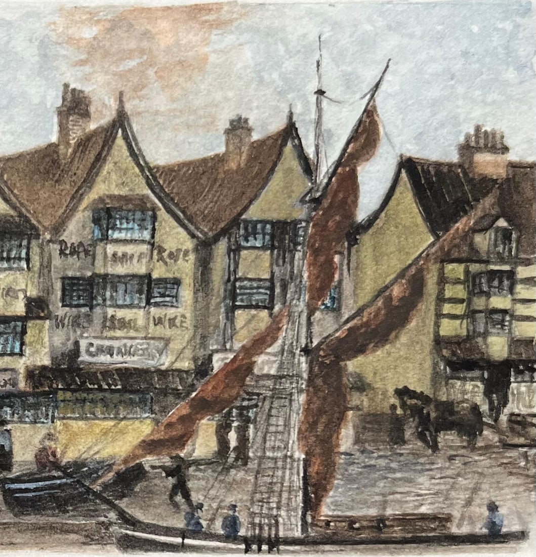 Jack Grunwell; Historic Miniature Watercolor of Llandoger Trow Inn in Bristol and Sailboats - 5