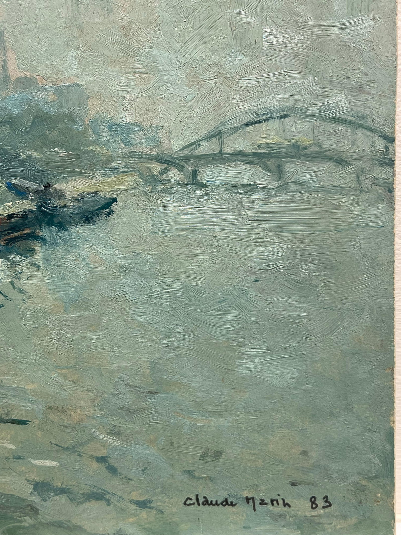 Claude Marin; River Seine Paris Barges Moored on Quay Signed 20thC French Impressionist Oil, 1983 - 17
