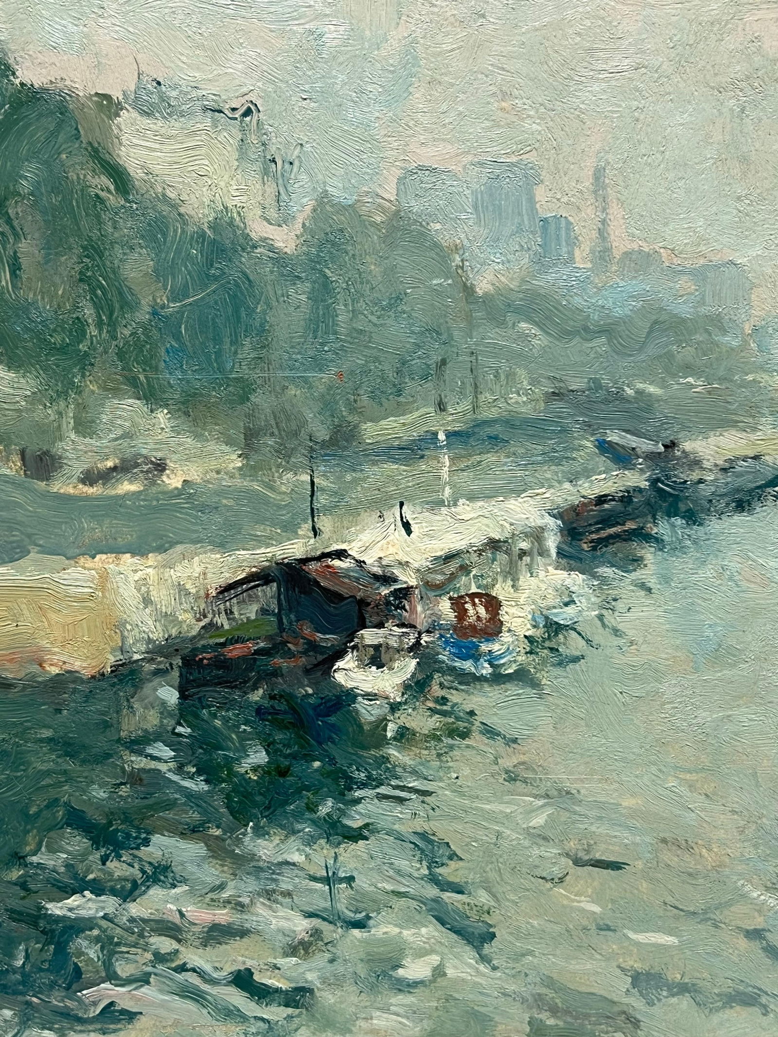 Claude Marin; River Seine Paris Barges Moored on Quay Signed 20thC French Impressionist Oil, 1983 - 4