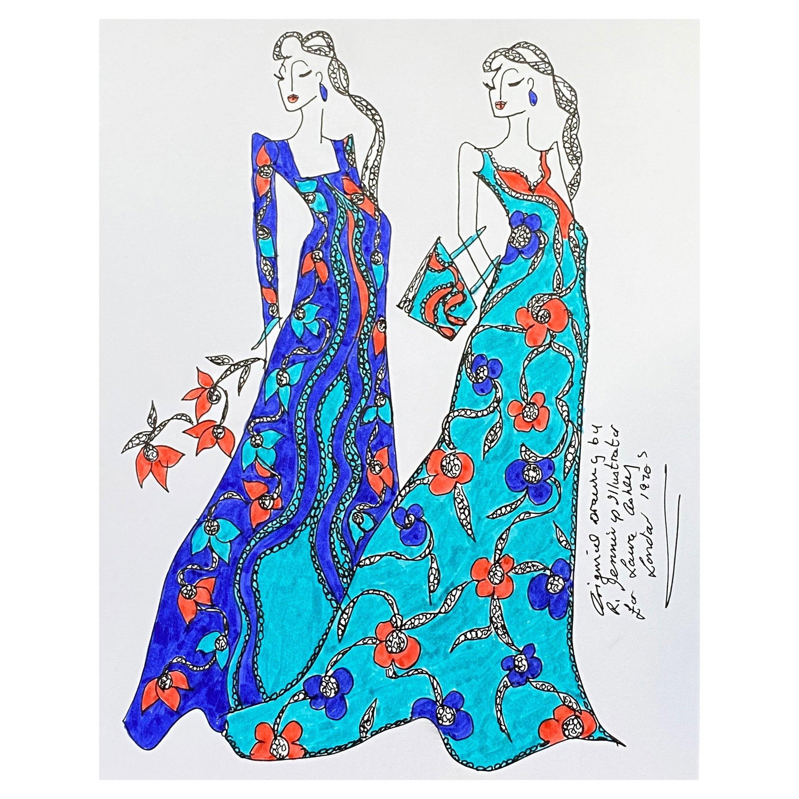 Original Fashion Design Illustration Watercolor Painting Laura Ashley Designer, circa 2000s: Title: Original Fashion Design Illustration Watercolor Painting Laura Ashley Designer, circa 2000s Description: Original Fashion Design Illustration by Roz Jennings, British watercolor and ink on card