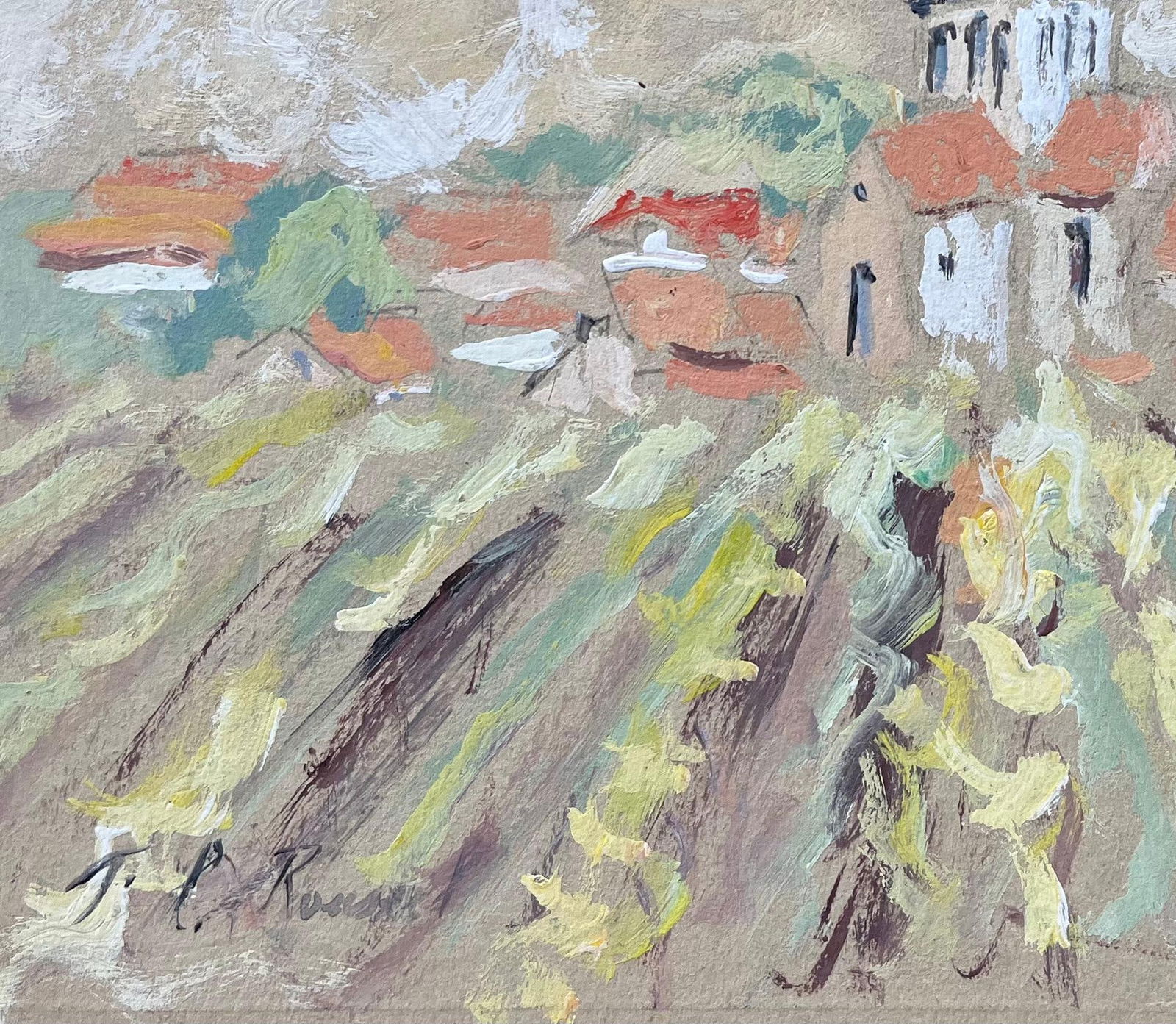 F.T Roussel; French Impressionist Oil Painting of Village Church and Vineyards - 12