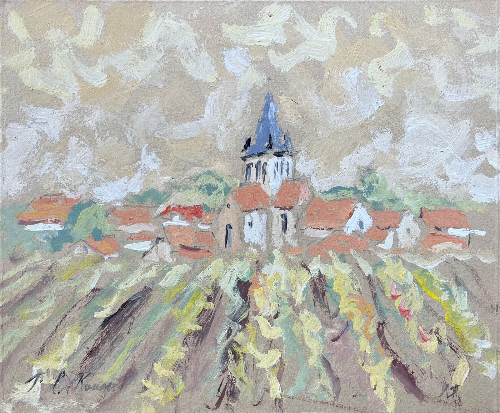 F.T Roussel; French Impressionist Oil Painting of Village Church and Vineyards: Title: F.T Roussel; French Impressionist Oil Painting of Village Church and Vineyards Description: Title: French Watercolour of Village Church in Plelan le Grand by Fanche Lel Size: 9 inches (height)
