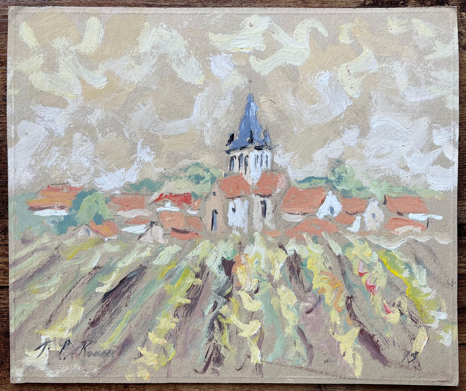 F.T Roussel; French Impressionist Oil Painting of Village Church and Vineyards - 8
