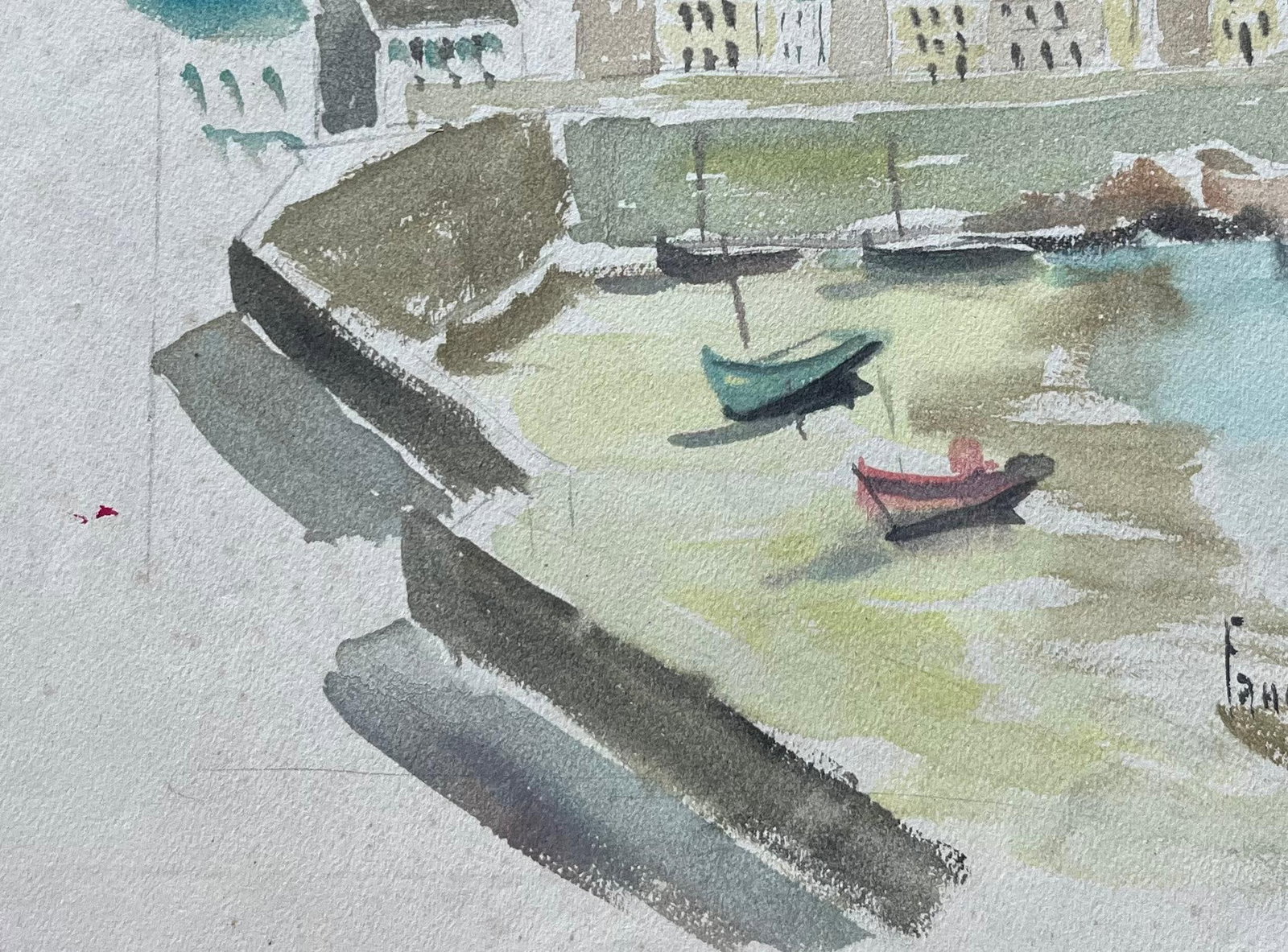 Fanch Lel; French Coastal Watercolour of Lighthouse and Fishing Boats with Pink Tinged Sky, 1993 - 11