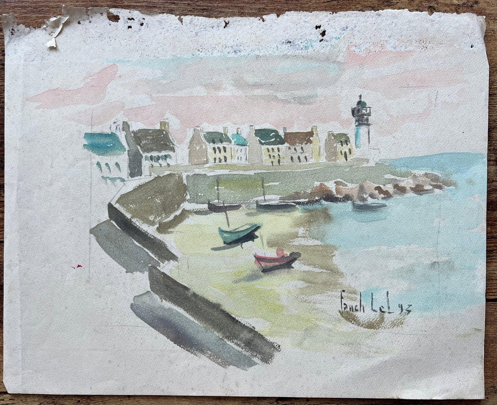 Fanch Lel; French Coastal Watercolour of Lighthouse and Fishing Boats with Pink Tinged Sky, 1993 - 15