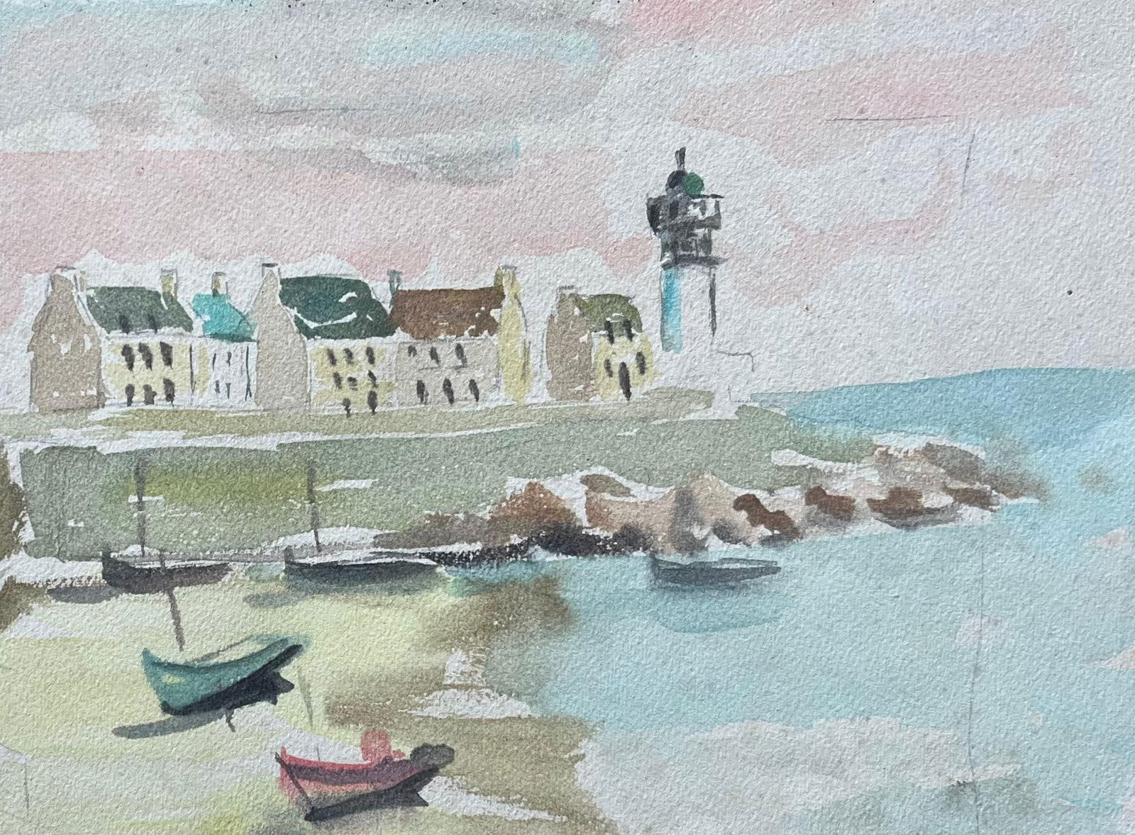 Fanch Lel; French Coastal Watercolour of Lighthouse and Fishing Boats with Pink Tinged Sky, 1993 - 2