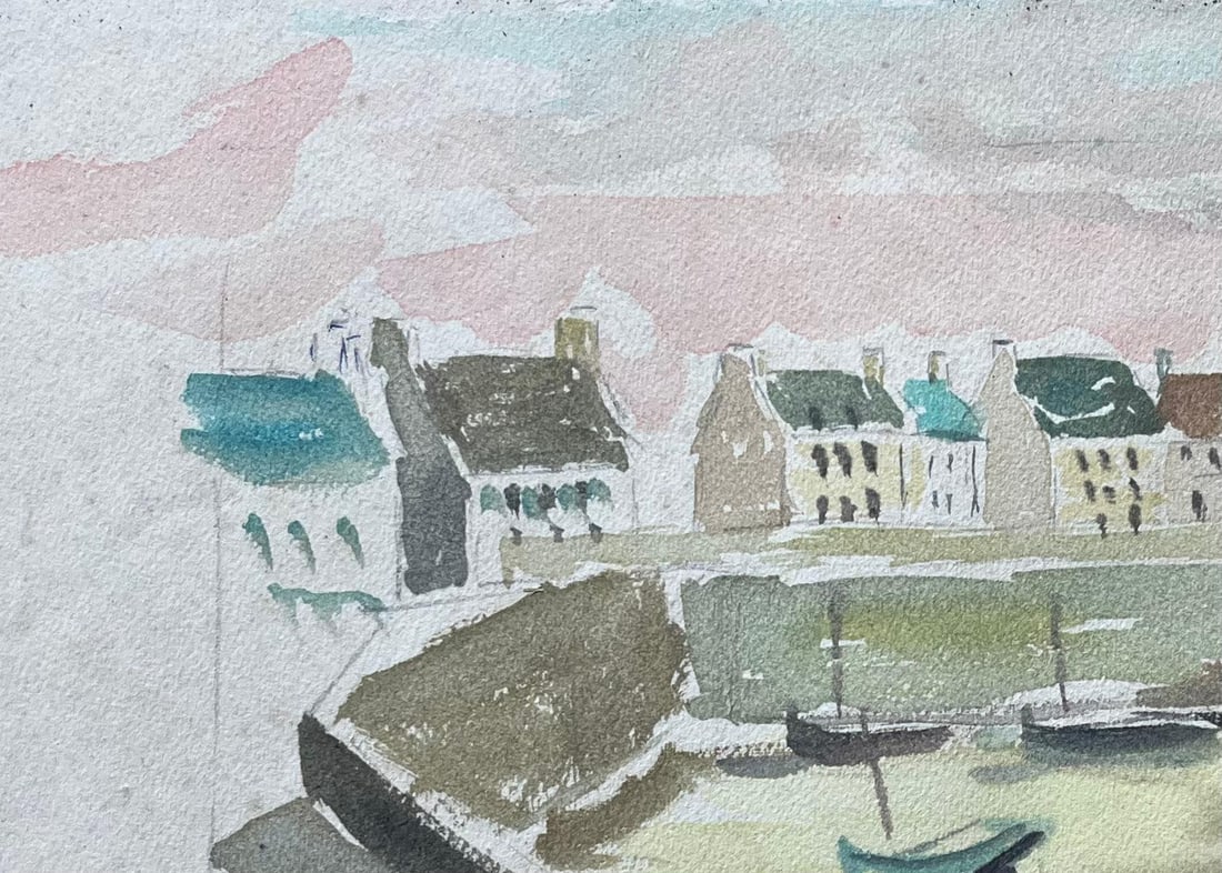 Fanch Lel; French Coastal Watercolour of Lighthouse and Fishing Boats with Pink Tinged Sky, 1993 - 3
