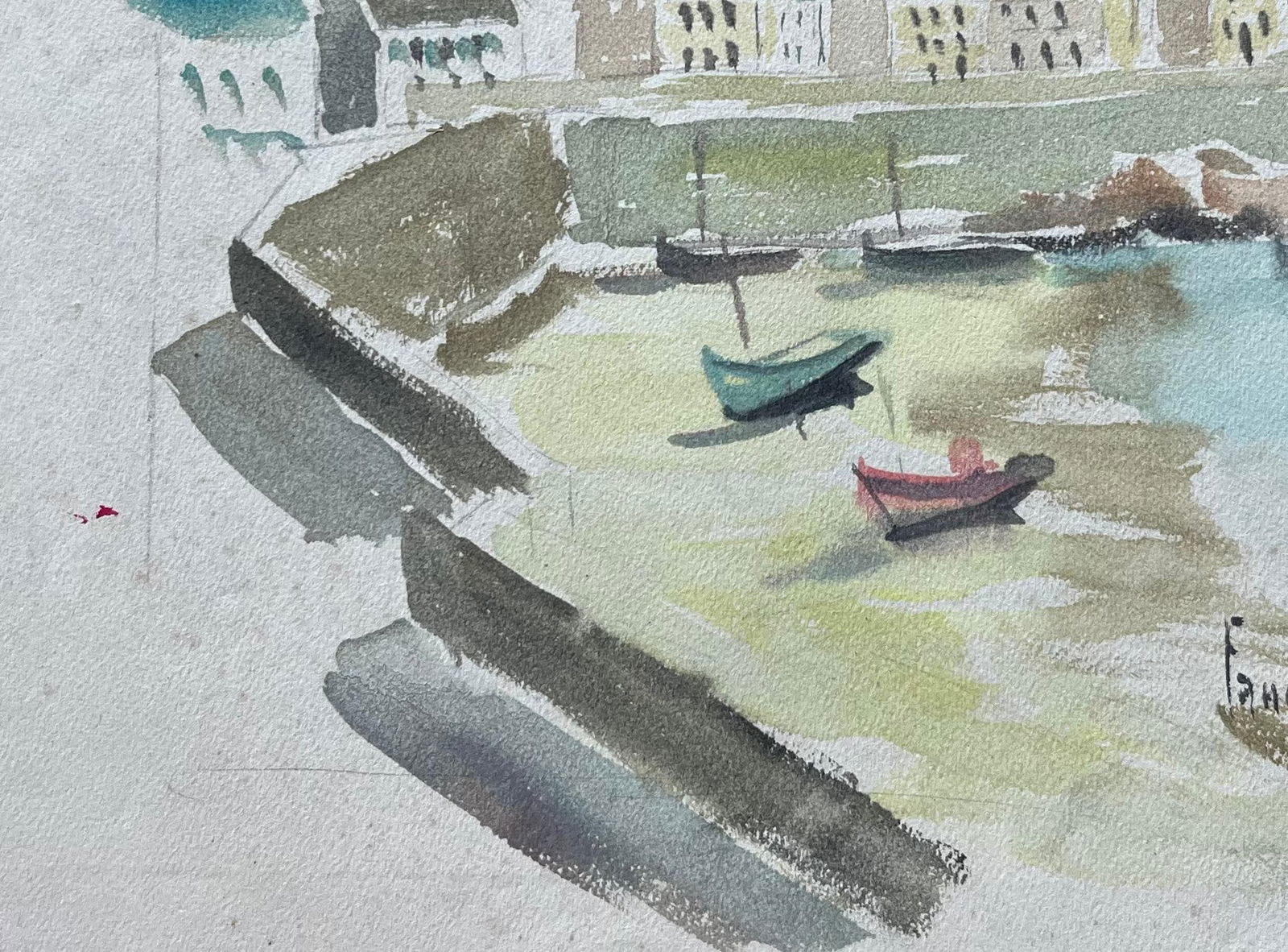 Fanch Lel; French Coastal Watercolour of Lighthouse and Fishing Boats with Pink Tinged Sky, 1993 - 4