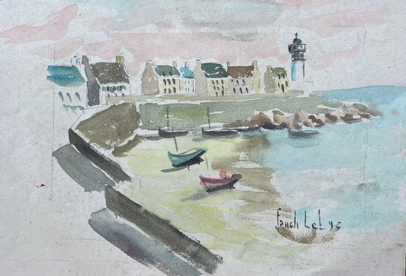 Fanch Lel; French Coastal Watercolour of Lighthouse and Fishing Boats with Pink Tinged Sky, 1993 - 7