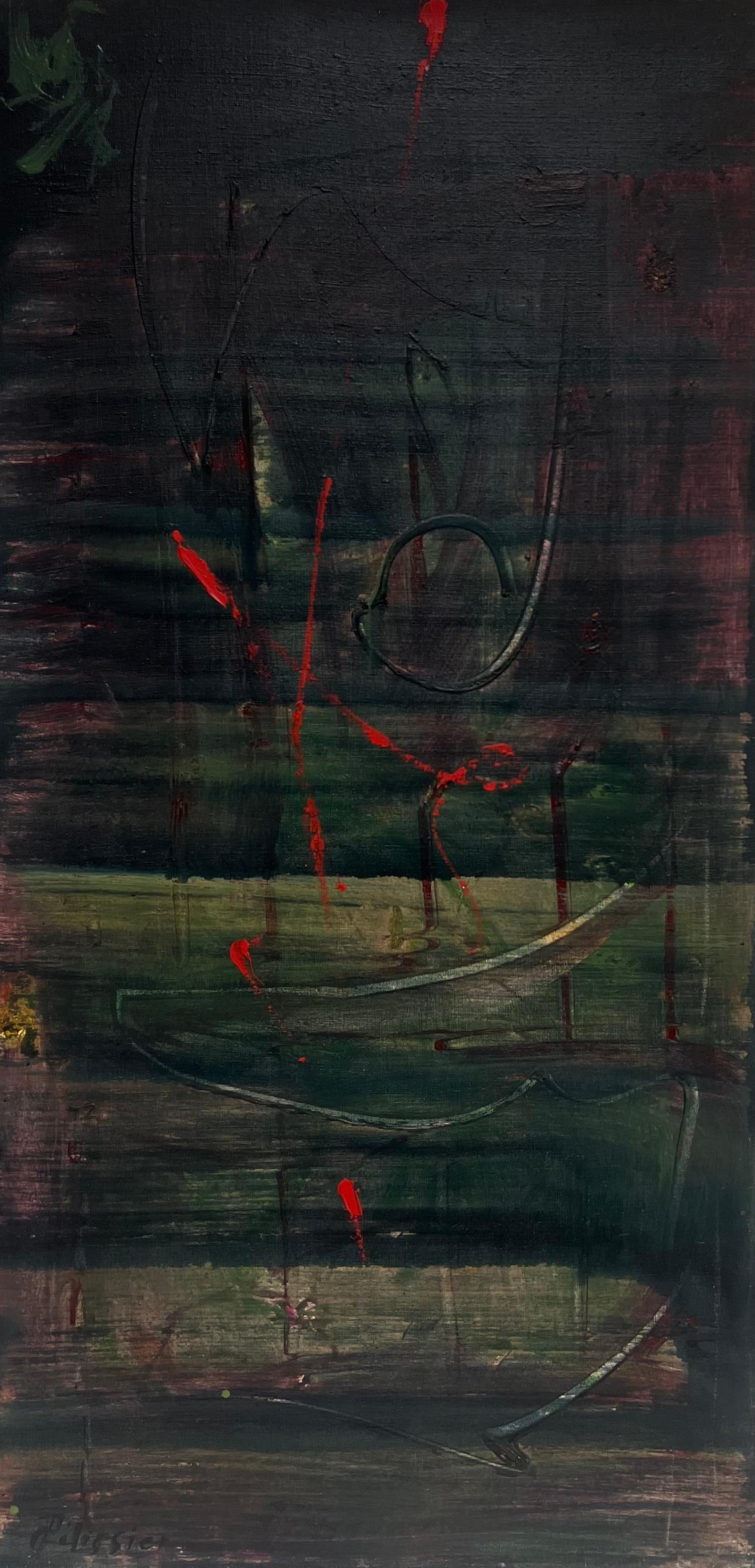 Gilbert Pelissier; Deep Green and Red Dark Abstract French 20th Century Painting, 1986: Title: Gilbert Pelissier; Deep Green and Red Dark Abstract French 20th Century Painting, 1986 Description: Abstract Expressionist Composition by Gilbert Pelissier (French born 1924) signed and dated