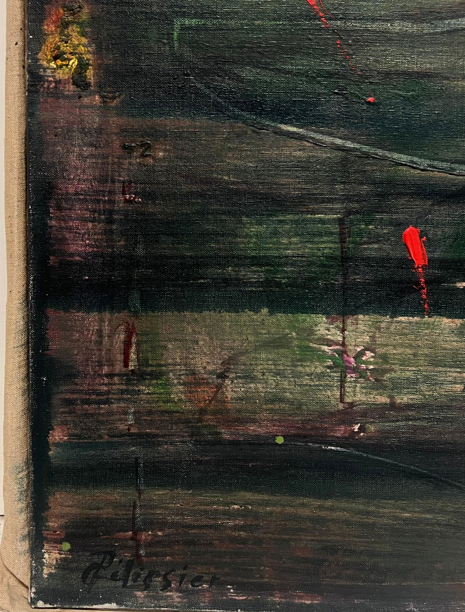 Gilbert Pelissier; Deep Green and Red Dark Abstract French 20th Century Painting, 1986 - 5