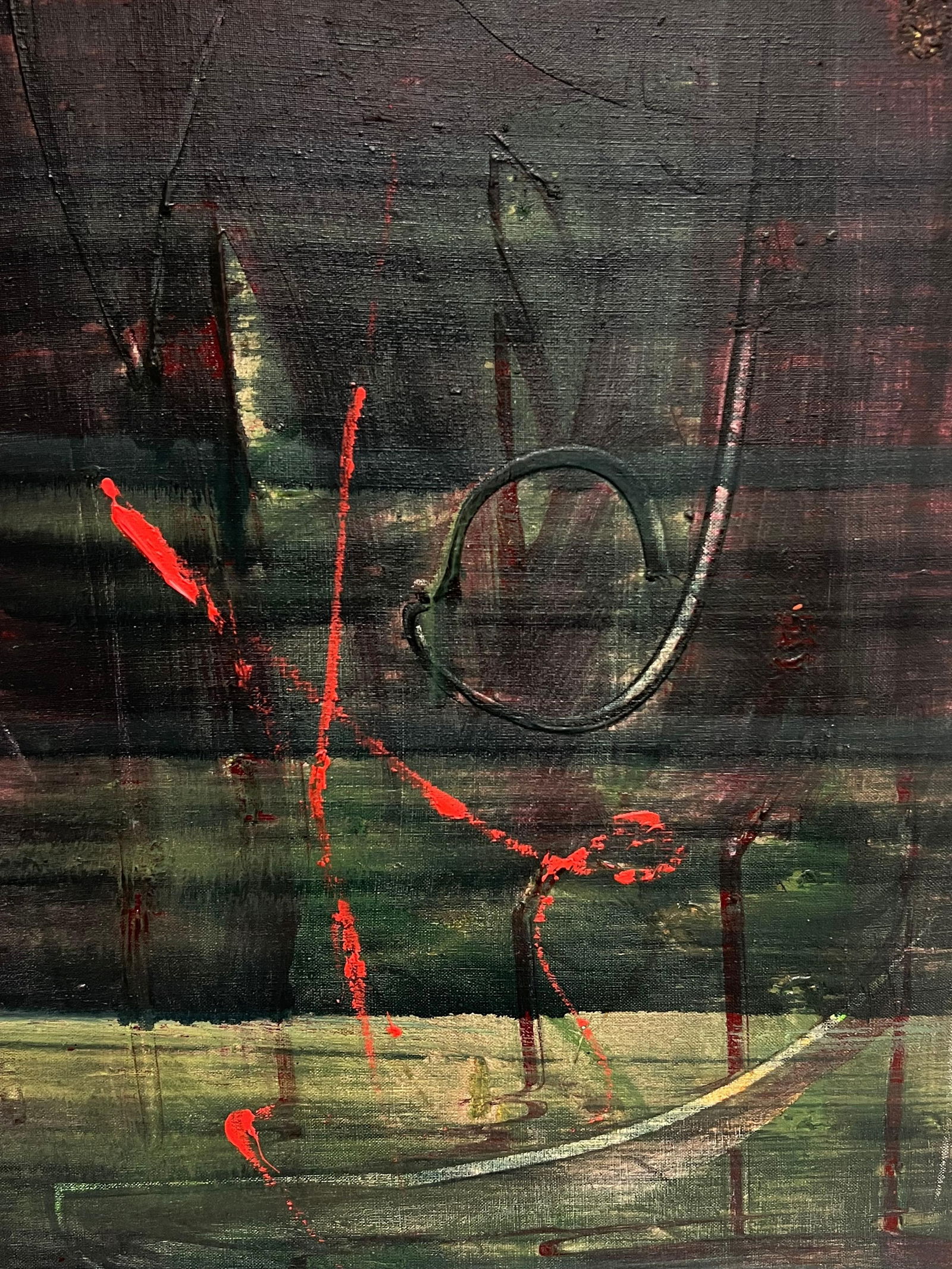 Gilbert Pelissier; Deep Green and Red Dark Abstract French 20th Century Painting, 1986 - 6