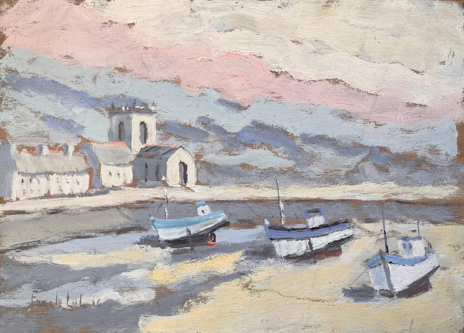 Fanch Lel; Coastal Church and Fishing Boats in Morning Light with Pink Sky, 1996 - 15