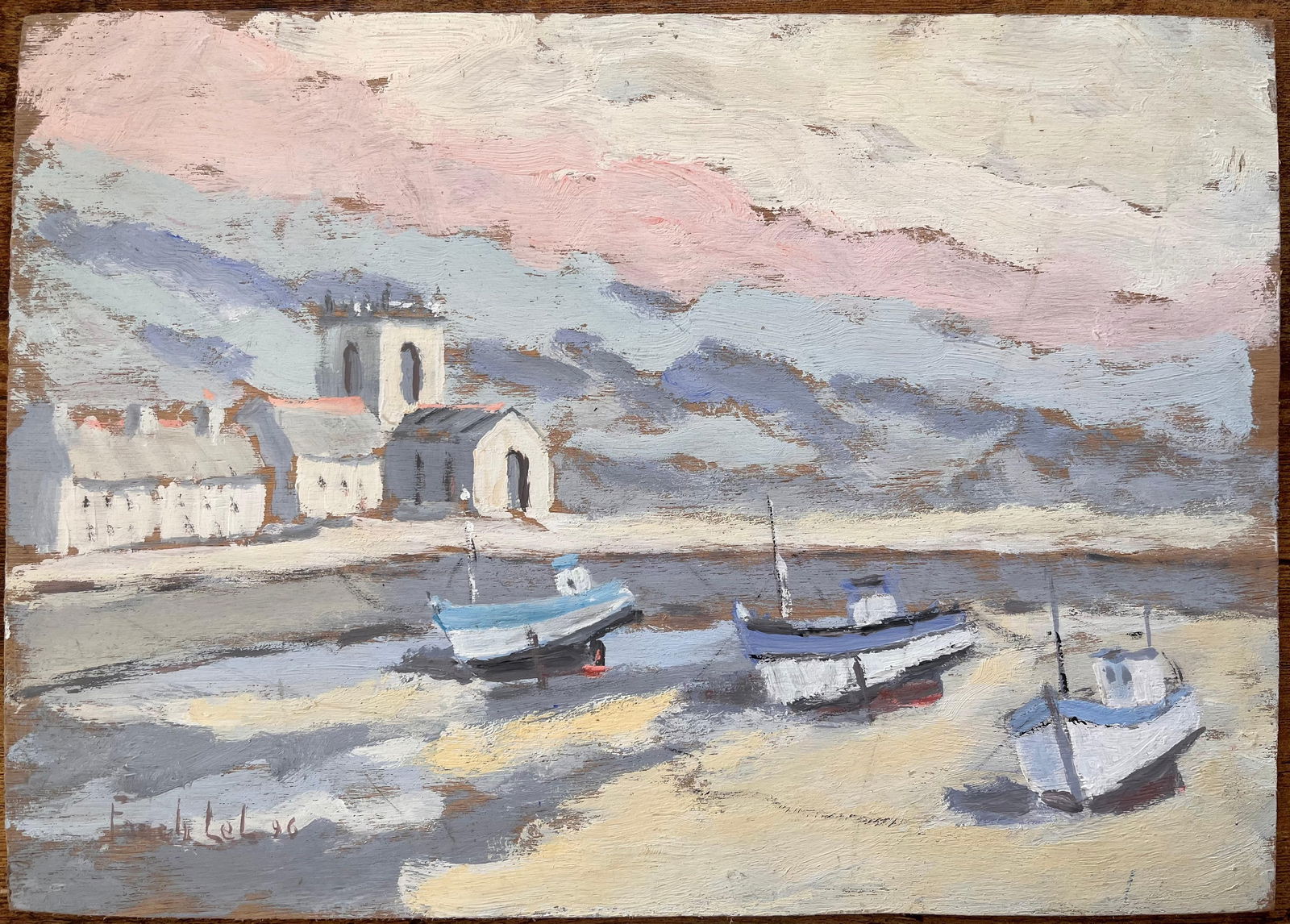 Fanch Lel; Coastal Church and Fishing Boats in Morning Light with Pink Sky, 1996 - 16