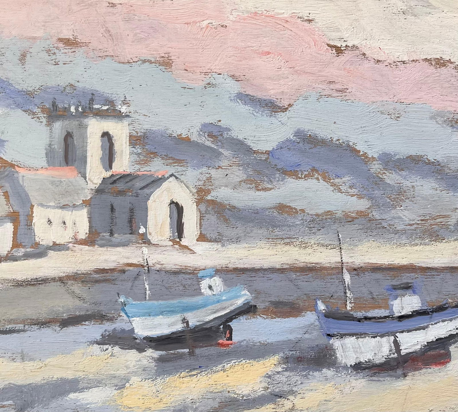 Fanch Lel; Coastal Church and Fishing Boats in Morning Light with Pink Sky, 1996 - 5