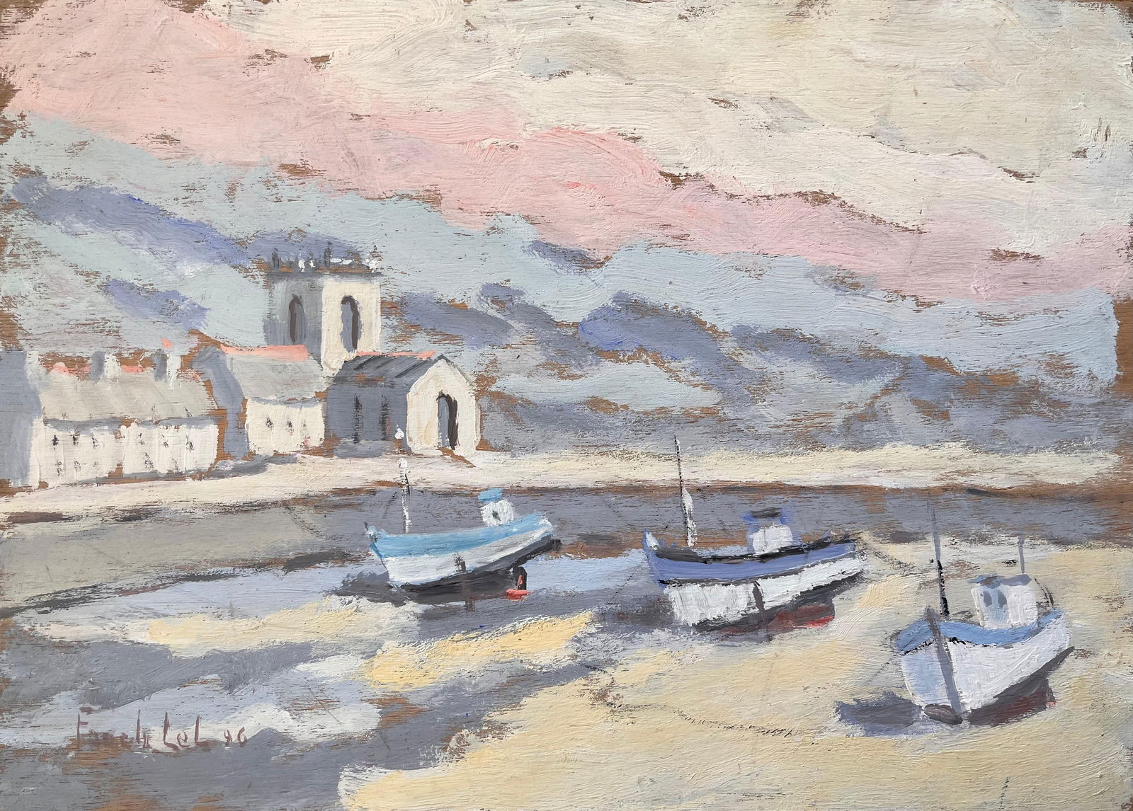 Fanch Lel; Coastal Church and Fishing Boats in Morning Light with Pink Sky, 1996 - 7