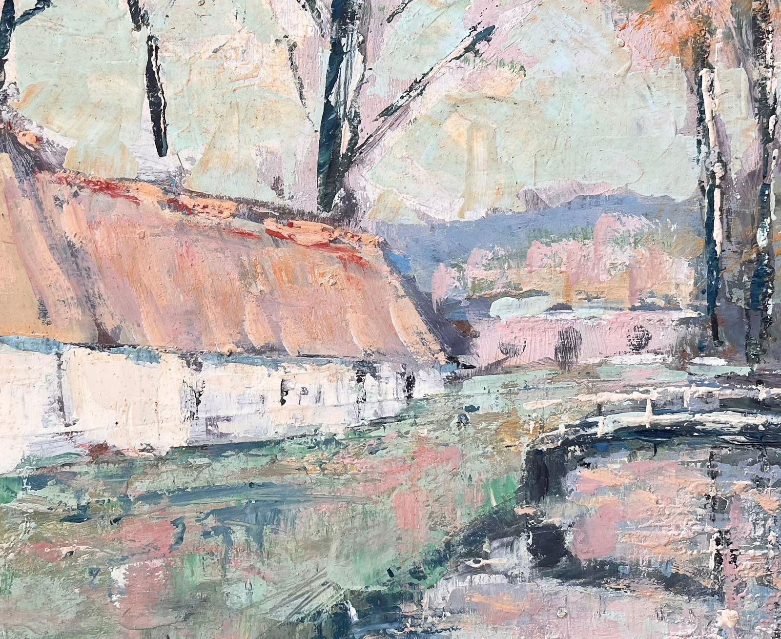 Fanch Lel; French Impressionist Oil of Thatched Farmhouse with River and Bridge - 13