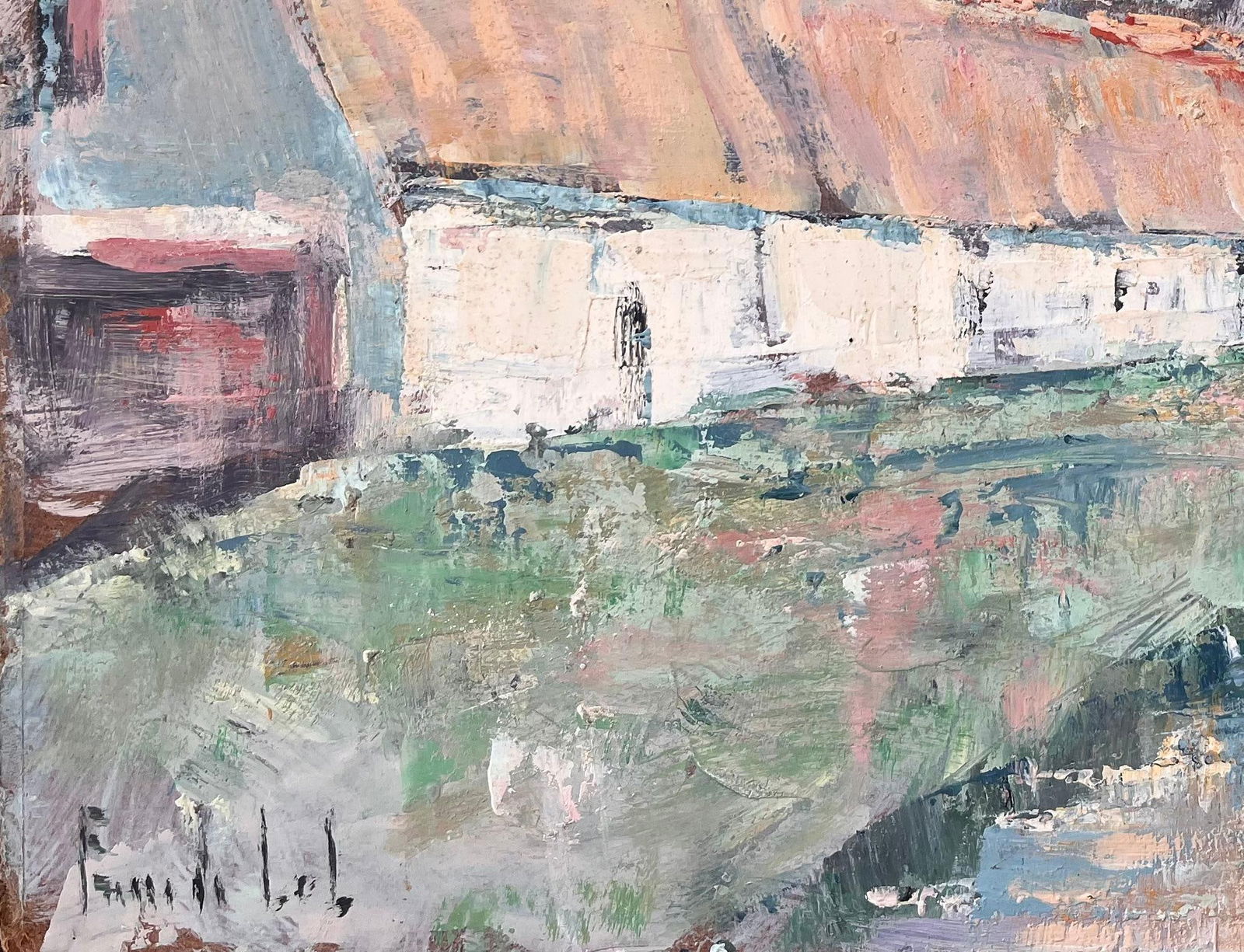 Fanch Lel; French Impressionist Oil of Thatched Farmhouse with River and Bridge - 2