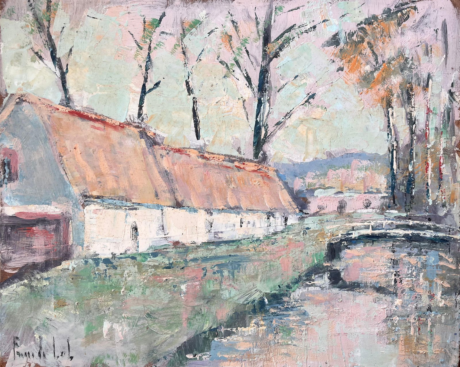 Fanch Lel; French Impressionist Oil of Thatched Farmhouse with River and Bridge - 7