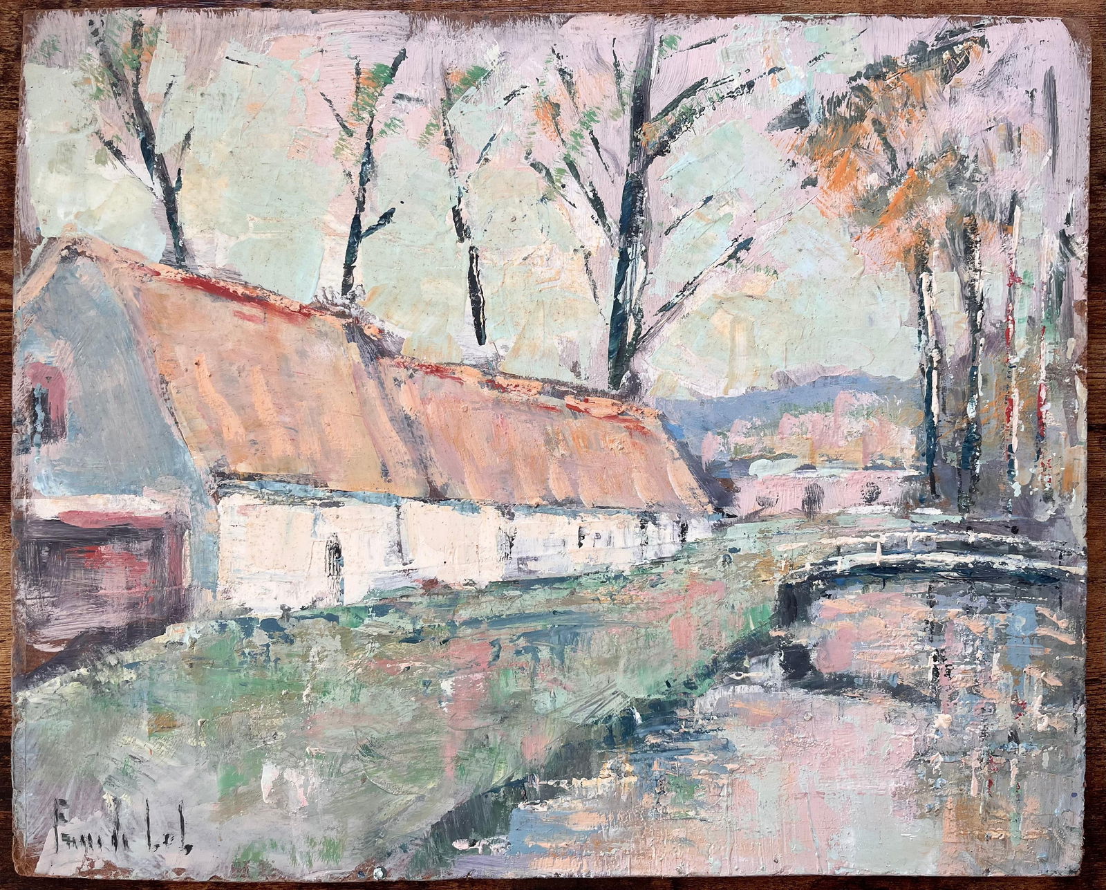 Fanch Lel; French Impressionist Oil of Thatched Farmhouse with River and Bridge - 8