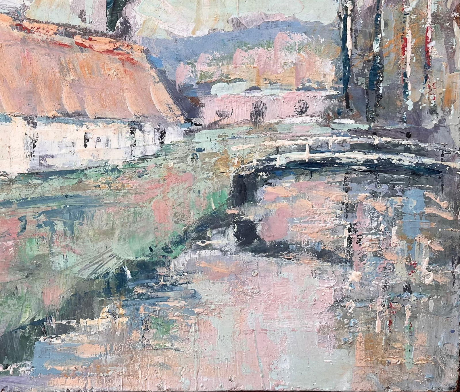 Fanch Lel; French Impressionist Oil of Thatched Farmhouse with River and Bridge - 9