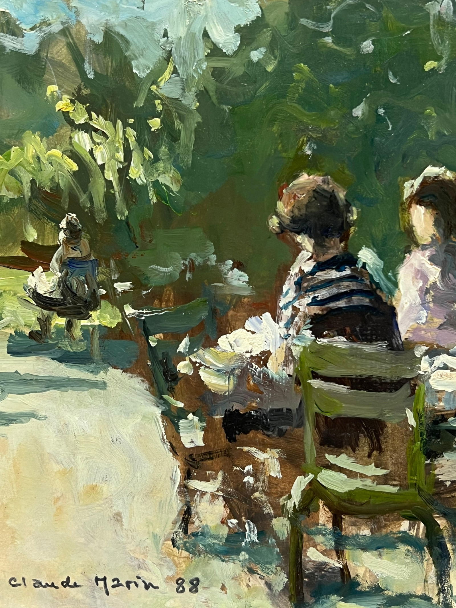 Claude Marin; Figures Seated Sunny Parisian Park 1980's Signed French Impressionist Oil, 1988 - 10