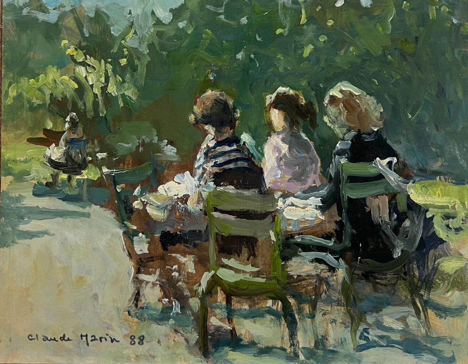 Claude Marin; Figures Seated Sunny Parisian Park 1980's Signed French Impressionist Oil, 1988 - 7