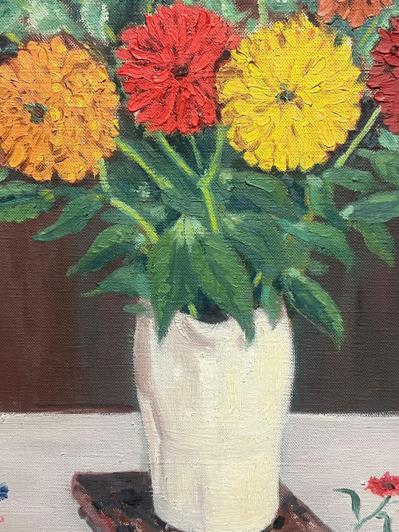 French School; Mid 20th Century French Oil Painting Still Life of Flowers in Interior Room - 10