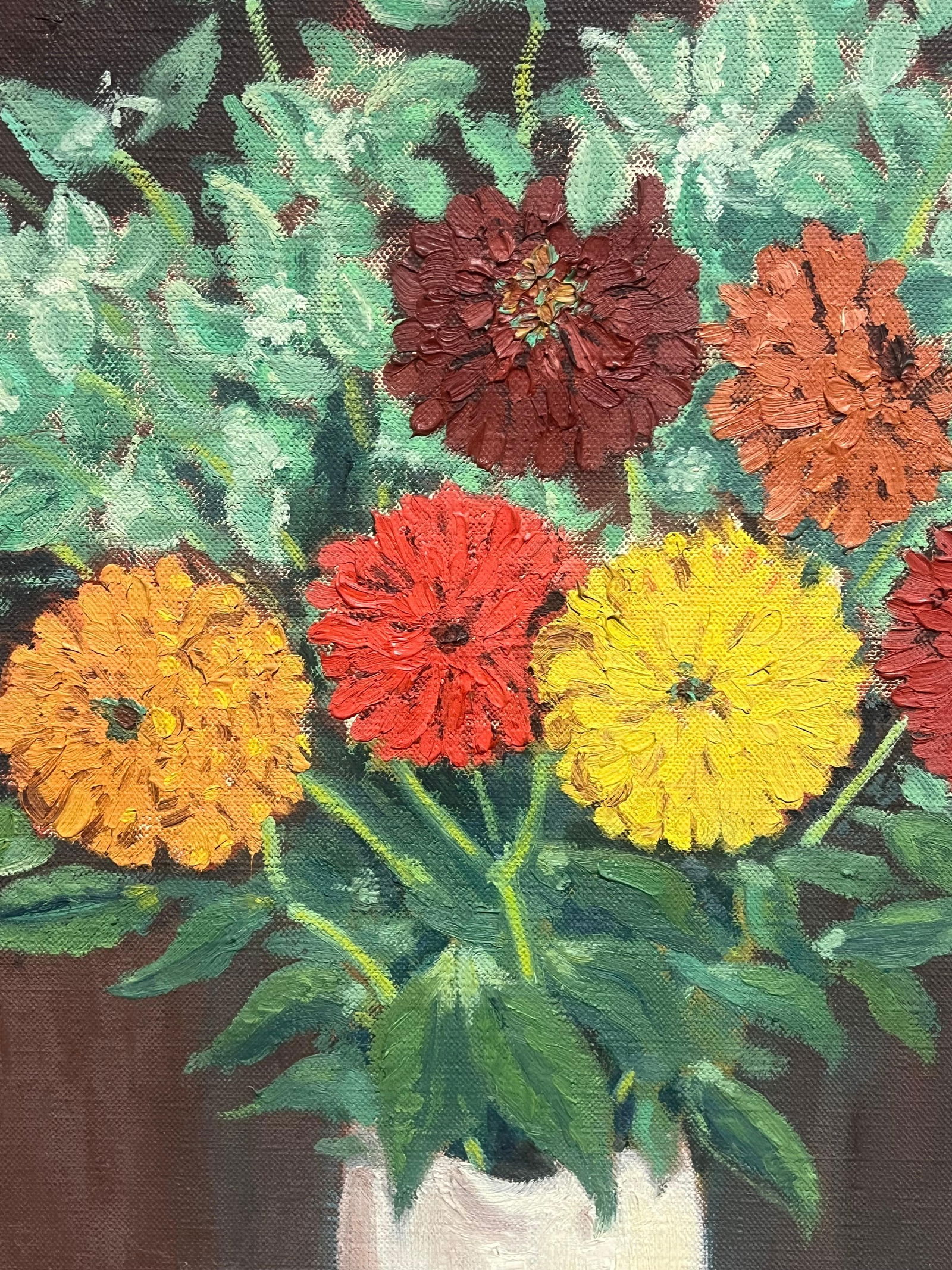 French School; Mid 20th Century French Oil Painting Still Life of Flowers in Interior Room - 11