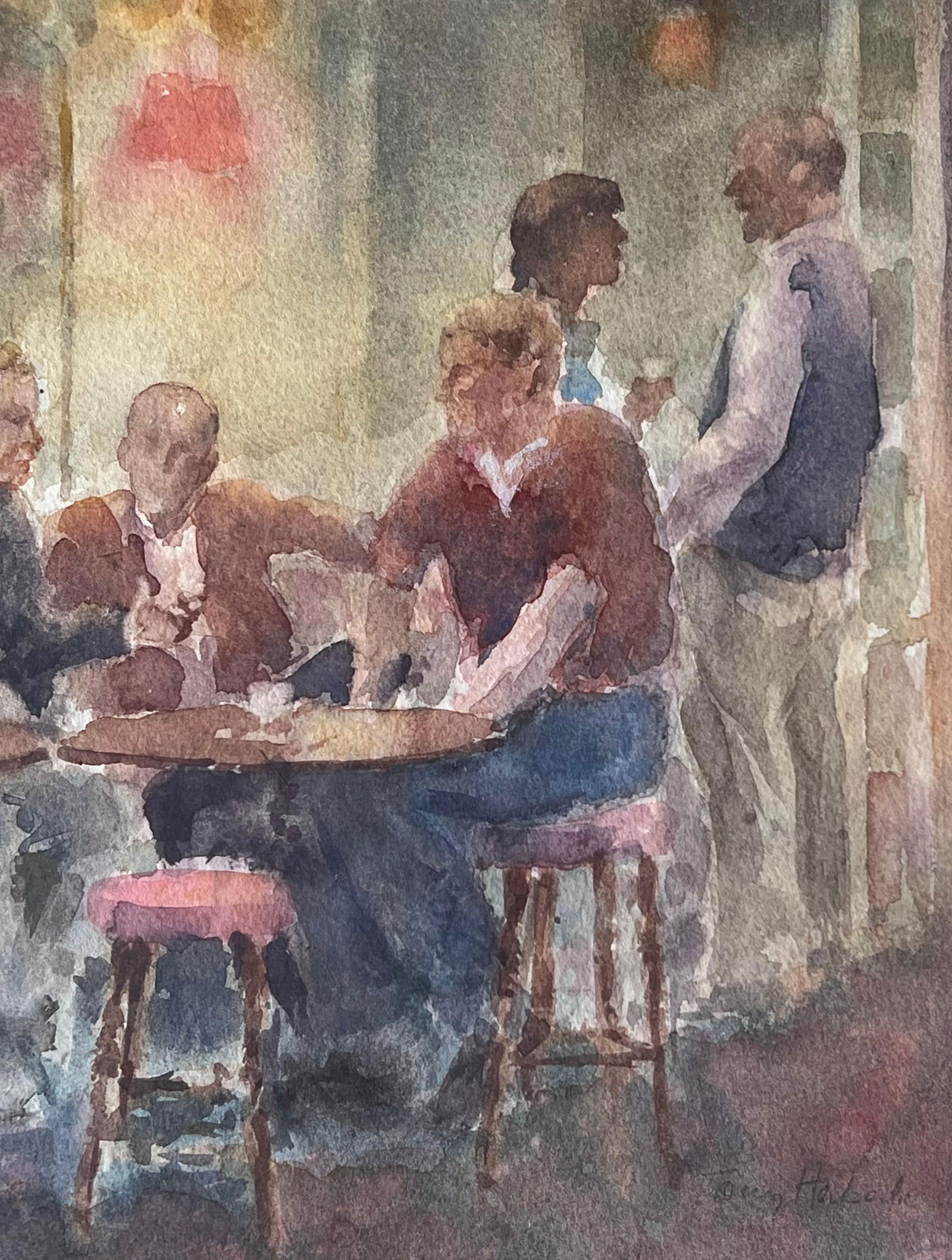 Anthony Herbert; Figures Drinking in a Cosy Wooden Warm Lit Pub British Watercolour Painting - 7