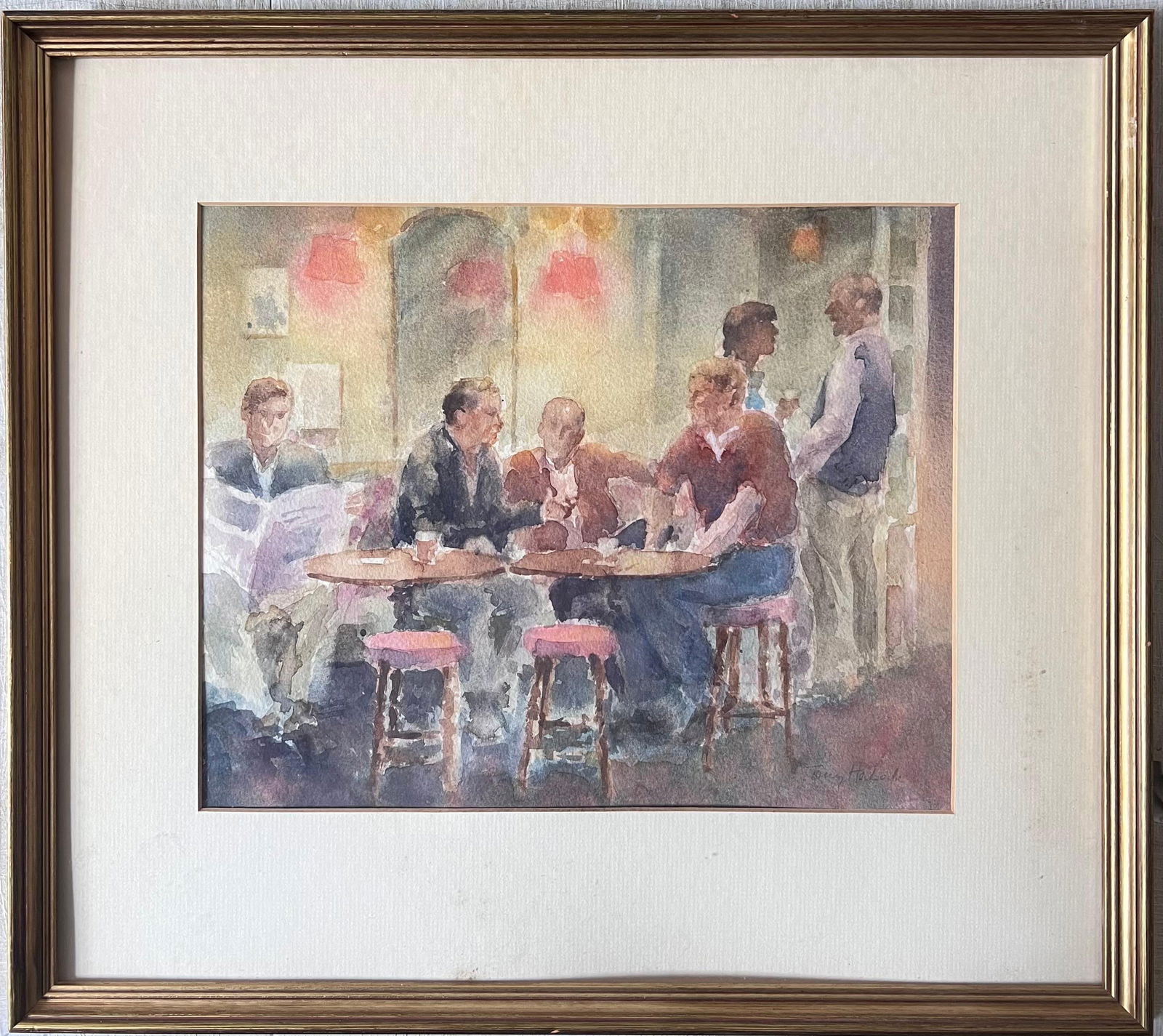 Anthony Herbert; Figures Drinking in a Cosy Wooden Warm Lit Pub British Watercolour Painting (1 of 11)