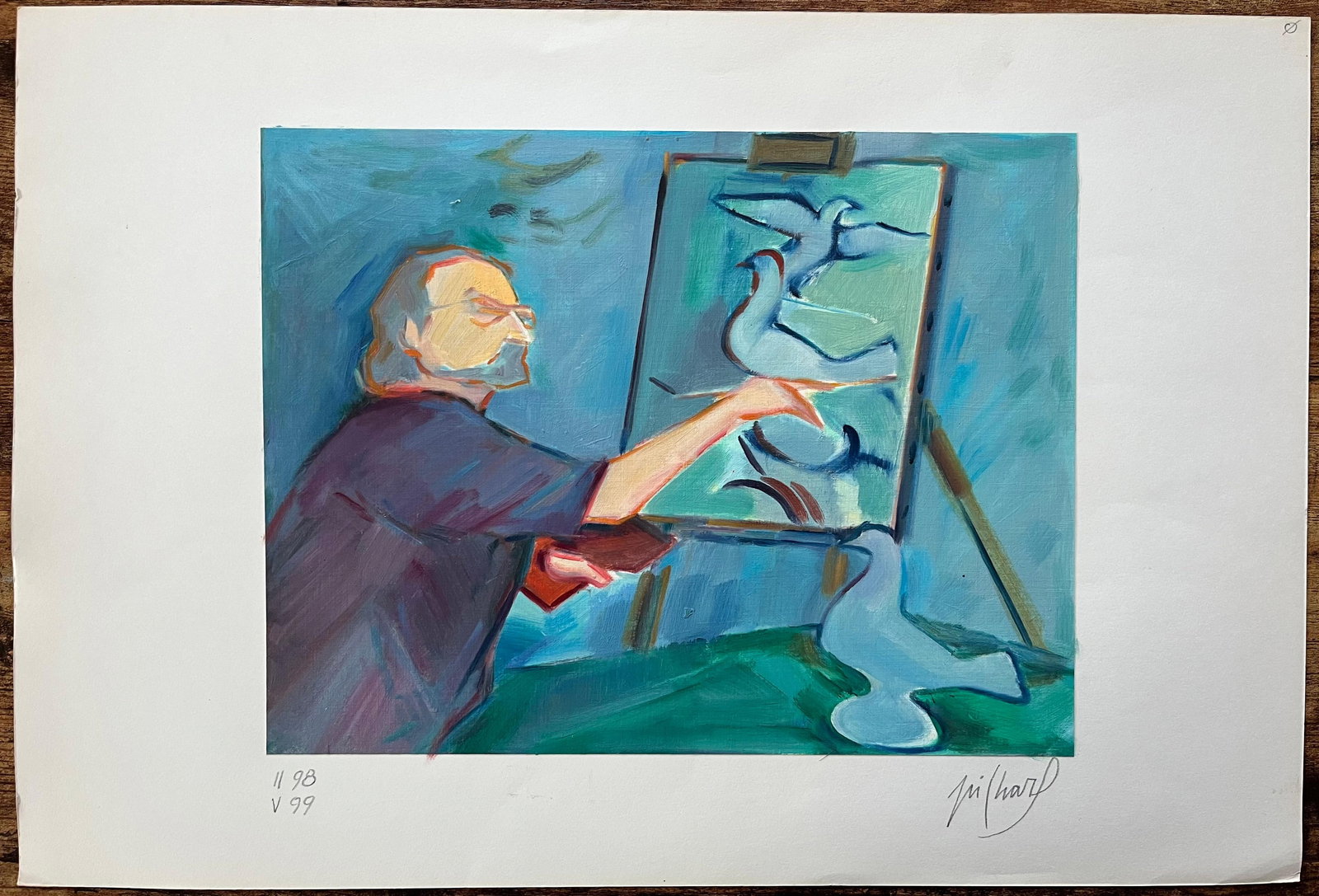 Roland Pichard; An Artist at Work on a Study of Doves - Contemporary Figurative Oil Painting - 11