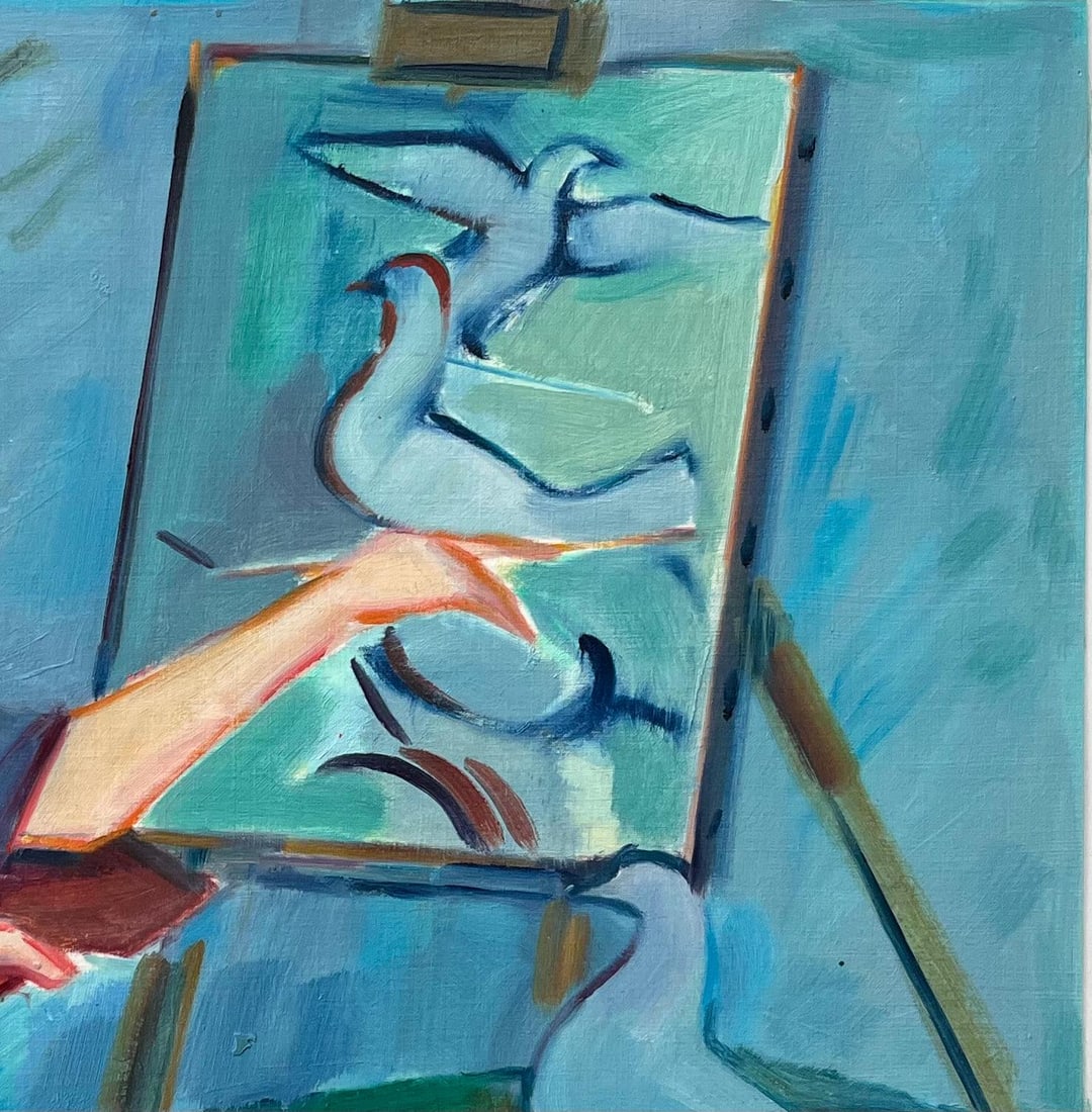 Roland Pichard; An Artist at Work on a Study of Doves - Contemporary Figurative Oil Painting - 2