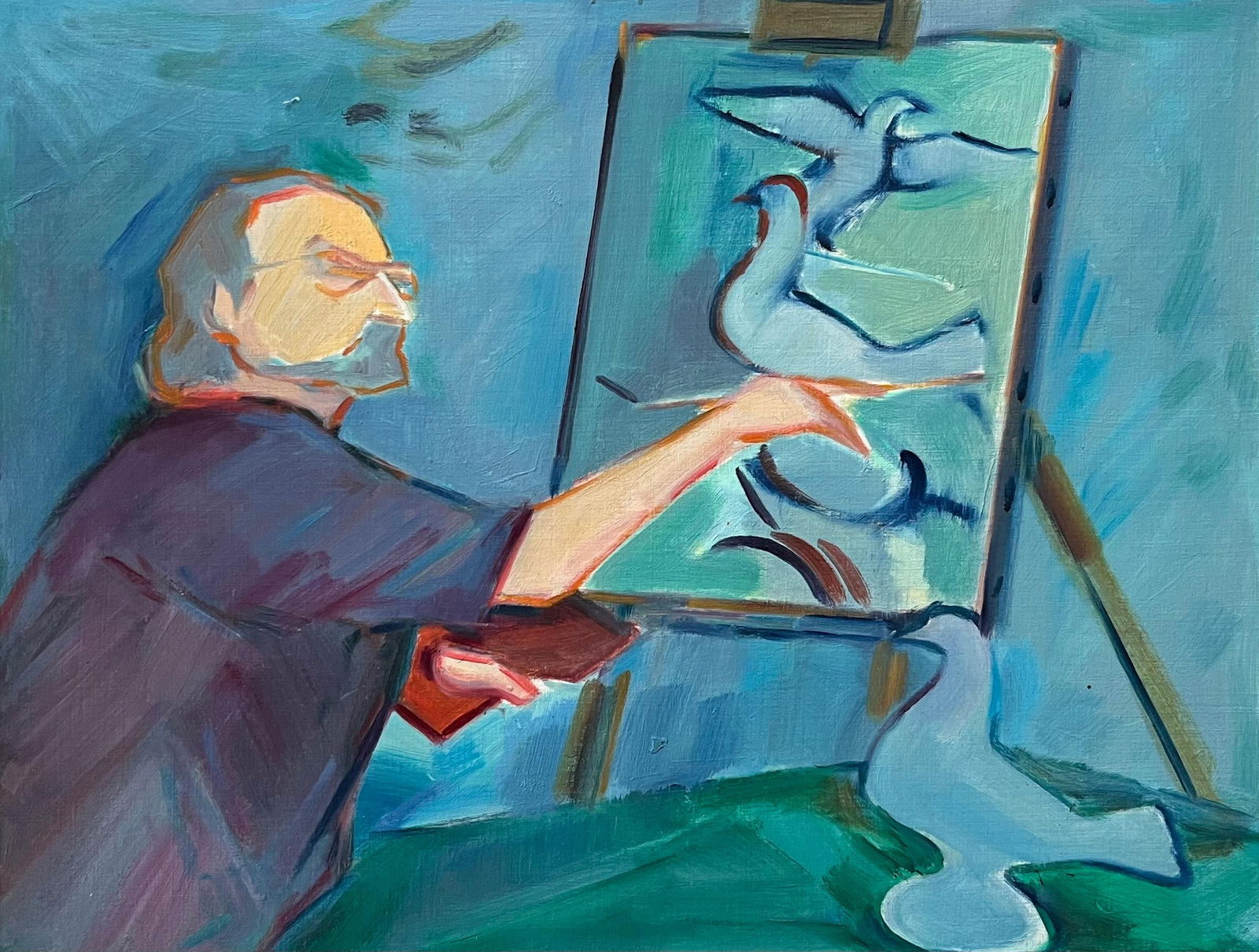 Roland Pichard; An Artist at Work on a Study of Doves - Contemporary Figurative Oil Painting - 4