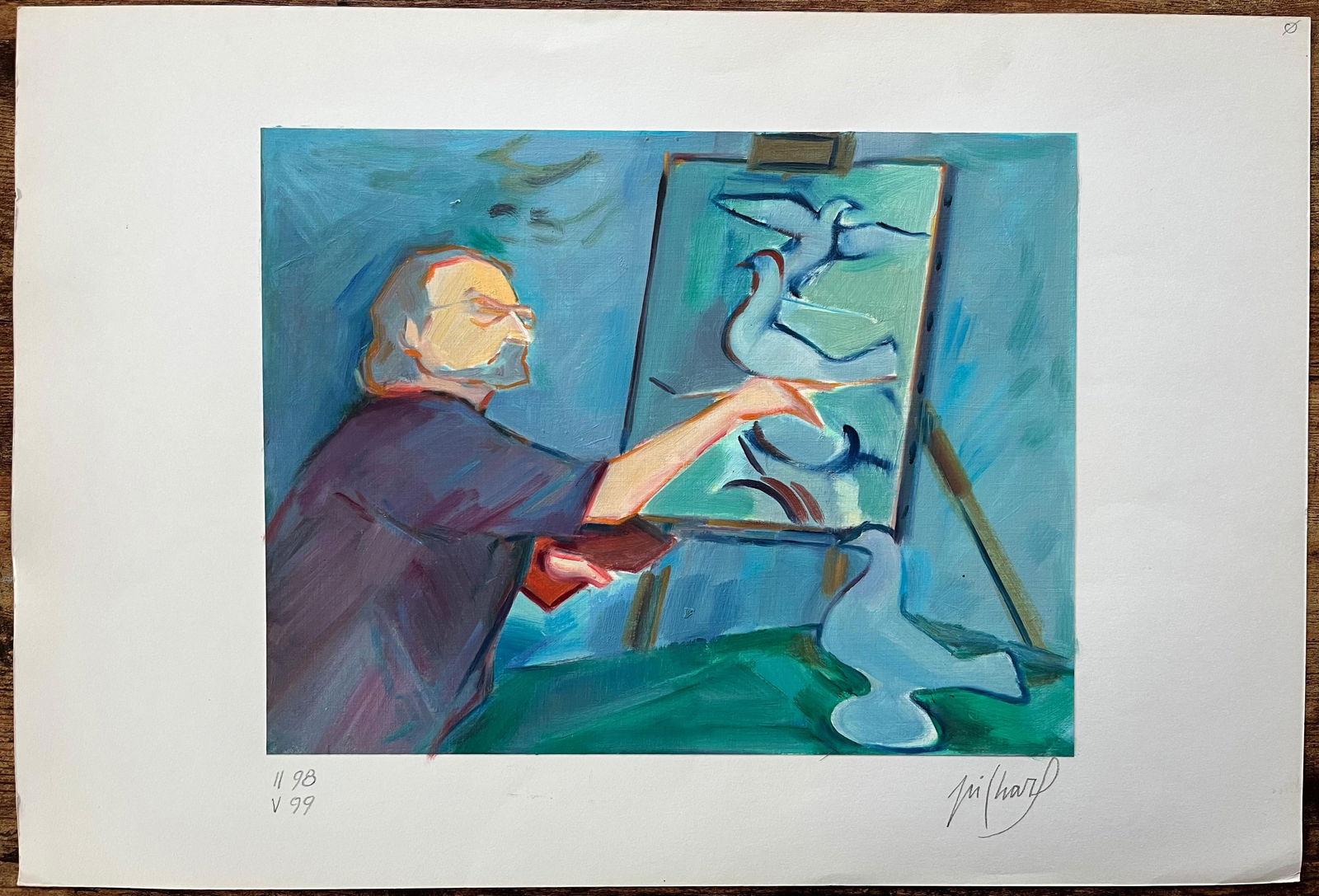 Roland Pichard; An Artist at Work on a Study of Doves - Contemporary Figurative Oil Painting - 5