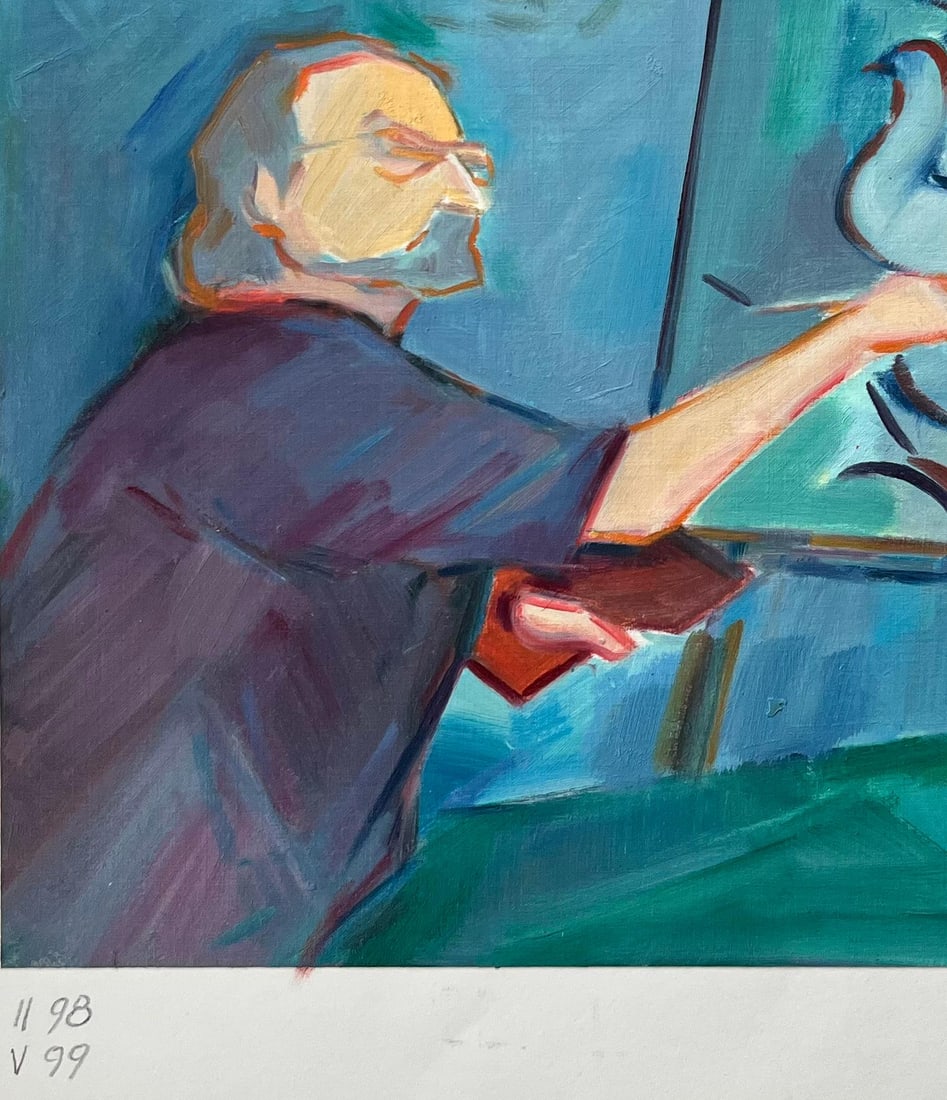 Roland Pichard; An Artist at Work on a Study of Doves - Contemporary Figurative Oil Painting - 6