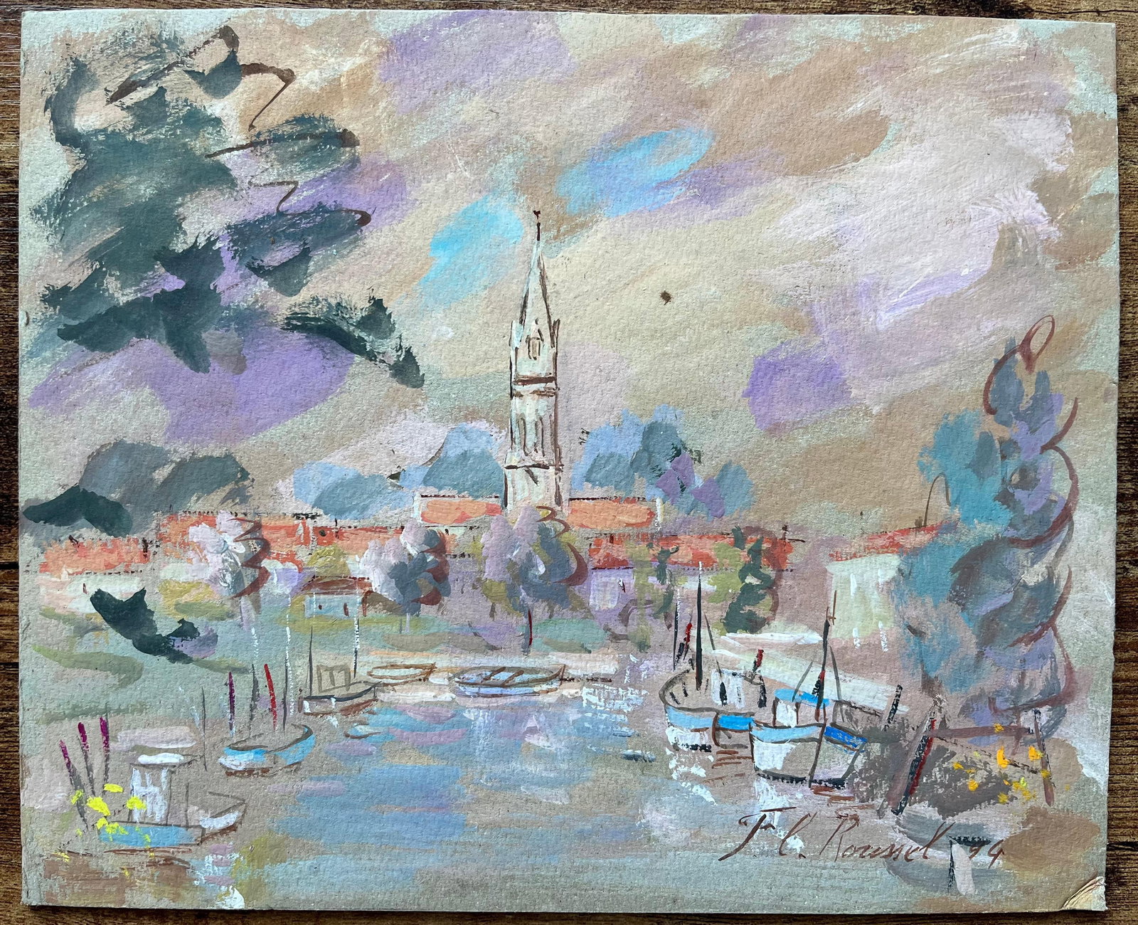 F.T Roussel; French Harbour Scene of La Tremblade with Church Spire and Boats, 1994 - 15