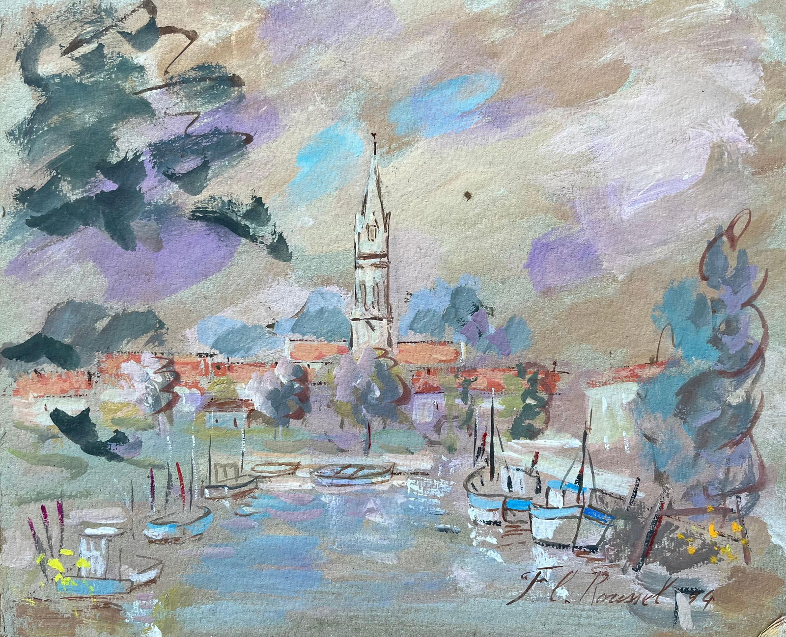 F.T Roussel; French Harbour Scene of La Tremblade with Church Spire and Boats, 1994 - 7