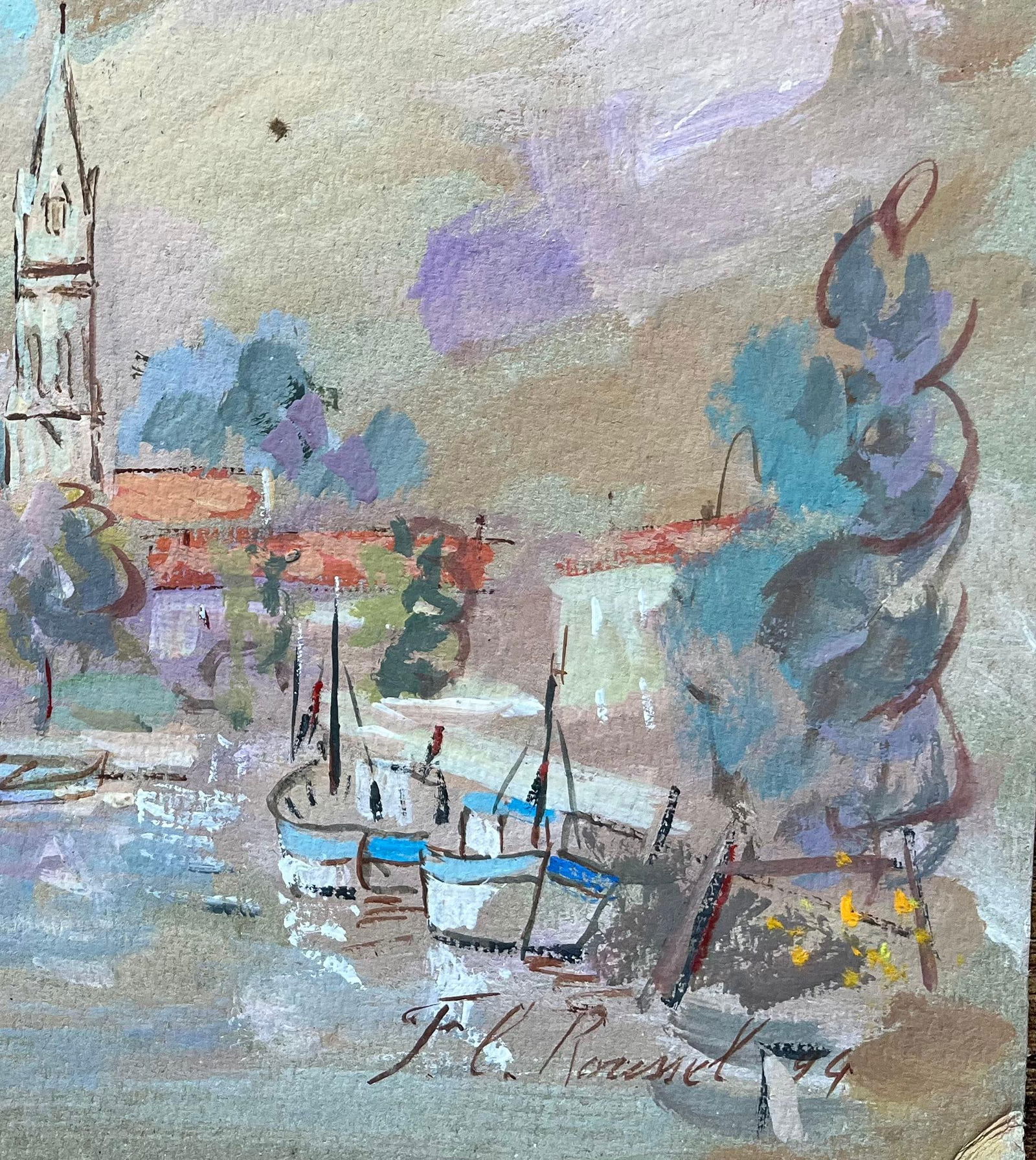 F.T Roussel; French Harbour Scene of La Tremblade with Church Spire and Boats, 1994 - 9