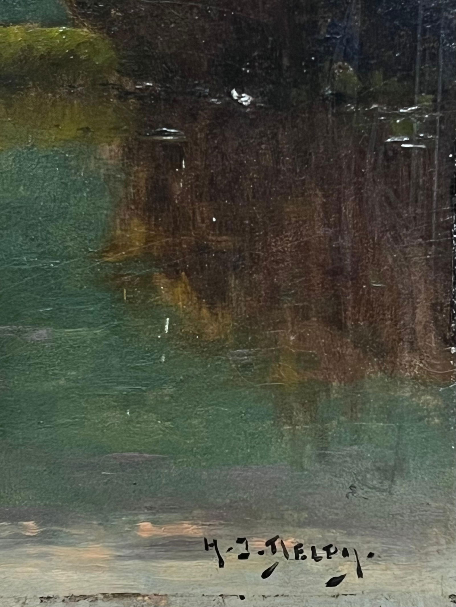 Henri-Jacques Delpy; Huge Antique Barbizon School Signed Oil Painting Washfolk Sunset River - 7