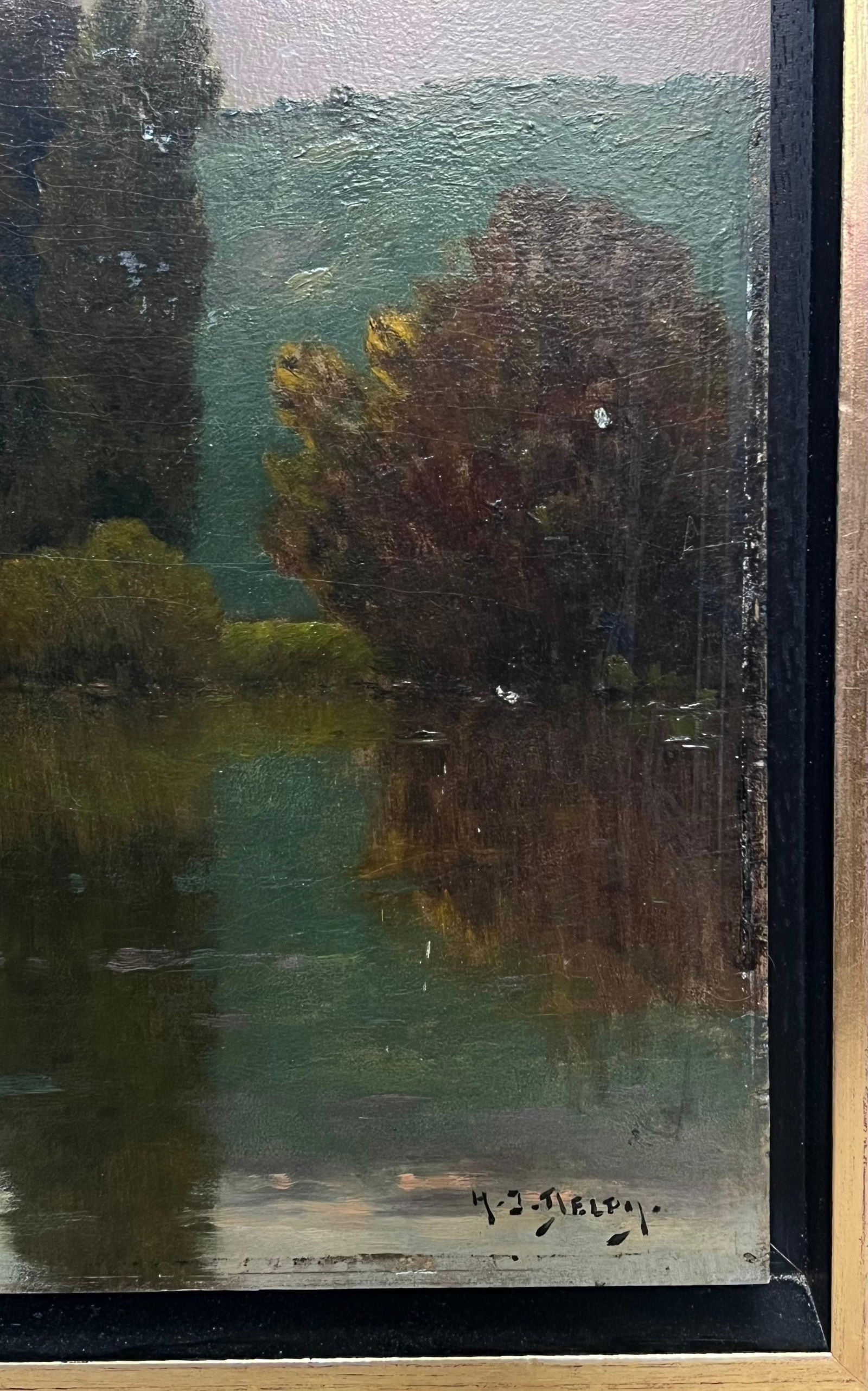 Henri-Jacques Delpy; Huge Antique Barbizon School Signed Oil Painting Washfolk Sunset River - 8